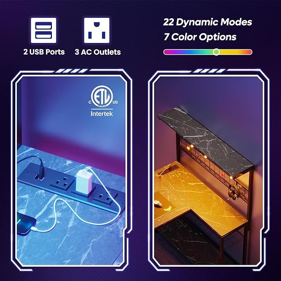 Bestier 42 Corner Computer Desk with Power Outlets LED Lights, Black Marble