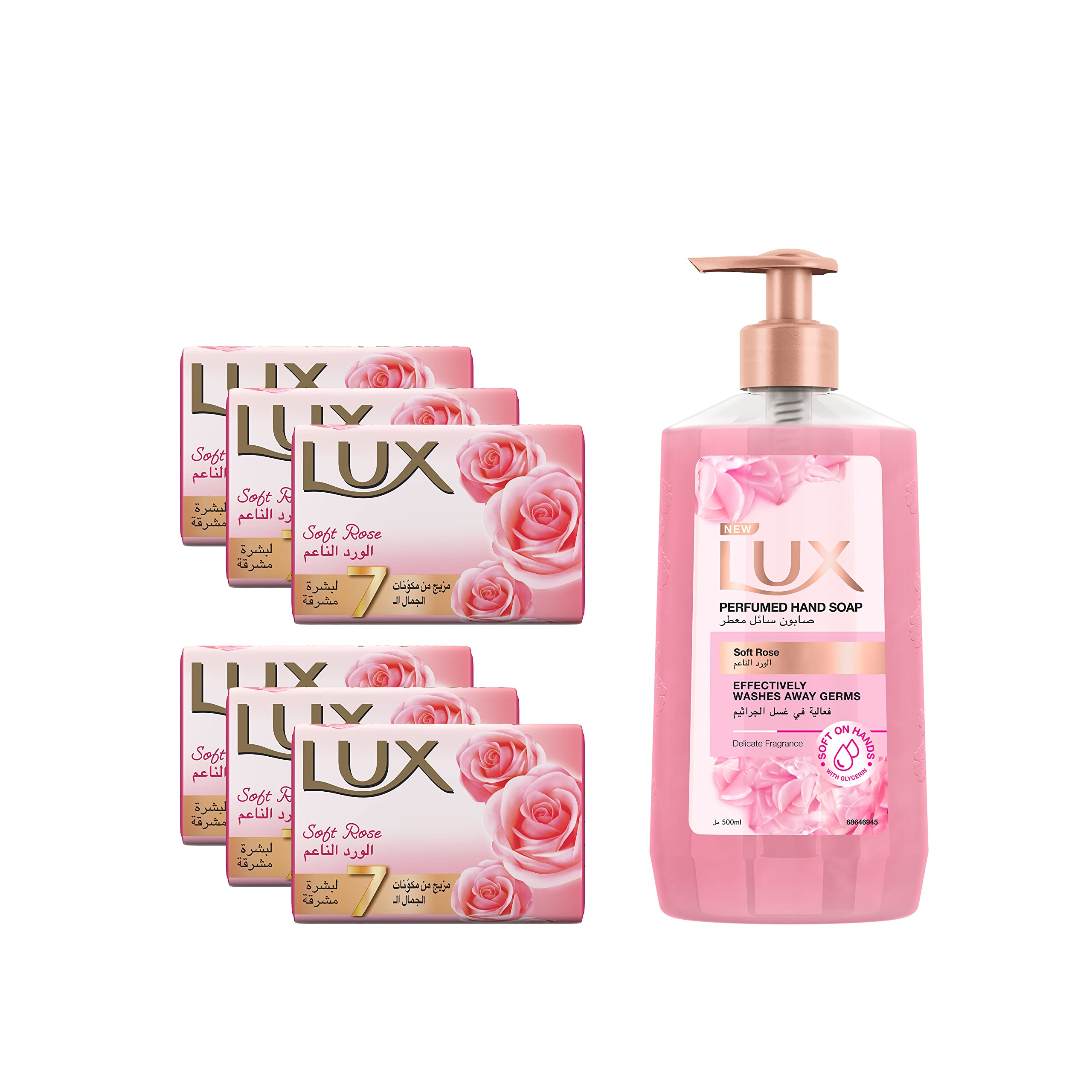 Lux Bar Soap Soft Touch 170G (Pack Of 6) + Lux Antibacterial Liquid Handwash Glycerine Enriched, Soft Touch For All Skin Types, 500ml