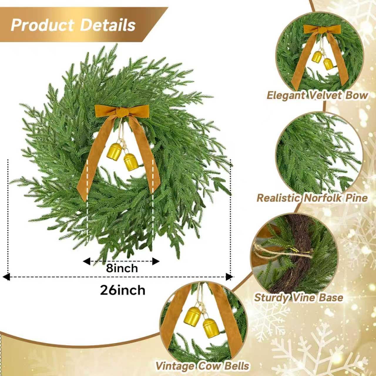 26” Christmas Wreath for Front Door, Real Touch Norfolk Christmas Wreaths with Ribbon Bow Bell Xmas Door Wreath for Indoor Outdoor Windows Wall Holiday Decor Christmas Decoration - Image 3