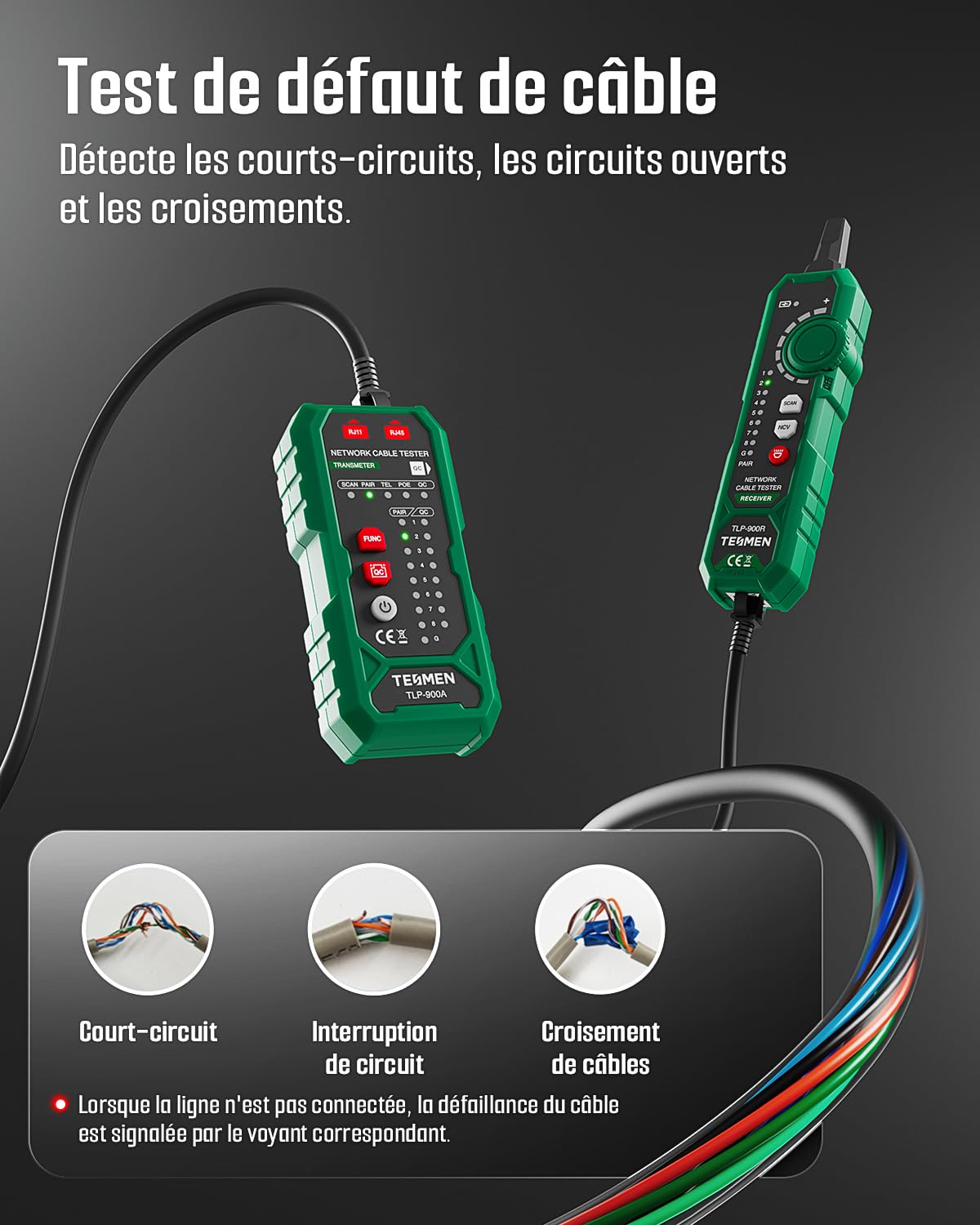 TESMEN TLP-900AR Testeur de câbles réseau, RJ11 RJ45, pour CAT5/6/POE/STP, Continuité, QC&NCV, Adapté à Ethernet, Téléphone, Maintenance et tri des câbles - Vert