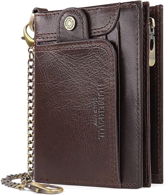 HNOOM Mens Wallet RFID Blocking Genuine Leather Wallet with Chain Bifold Slim Wallets for Men 14 Card Holder and Zipper Coin Pocket, Men's Leather Gents Wallets Slim Purse with Gift Box (Coffee)