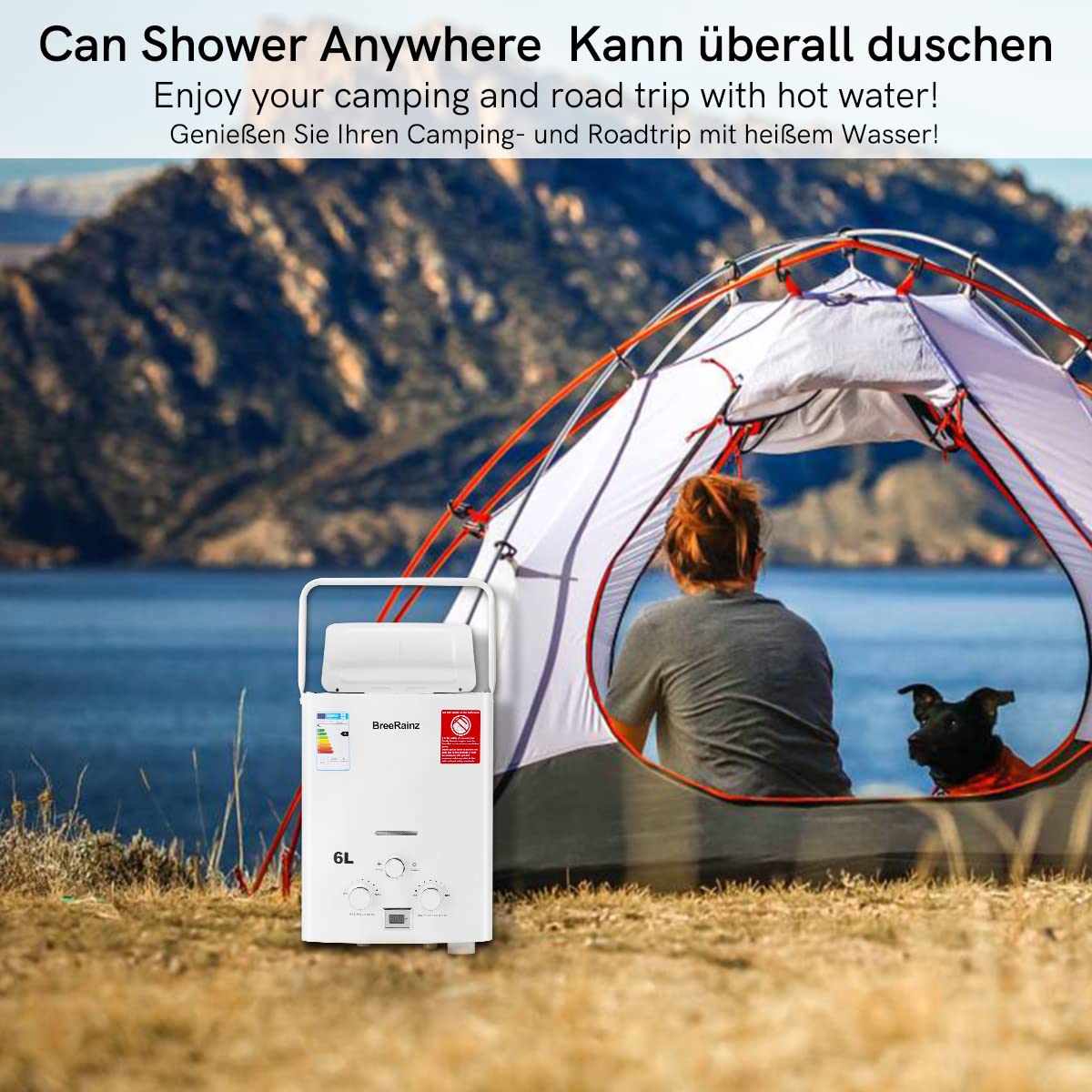 LPG Propan Butan Gas Durchlauferhitzer 6L 12KW, Gasdurchlauferhitzer mit Tragbarem Griff für Outdoor, Wohnmobil, Camping und Kabine, Weiß