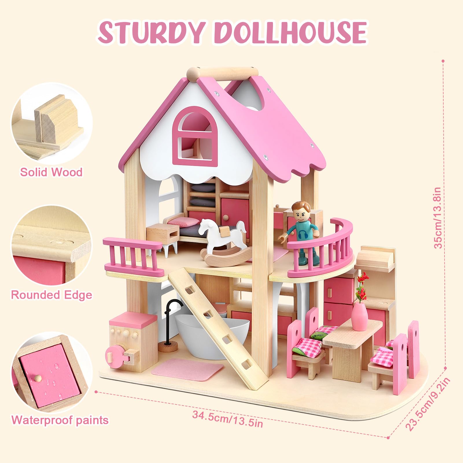 Atoylink Casa Delle Bambole in Legno con Set Completo di Mobili e 2 Bambole, Casa Bambole a 2 Piani con Camera da Letto, Bagno, Sala da Pranzo, Piscina, Giocattoli di Legno per Bambini 3 4 5 6 Anni
