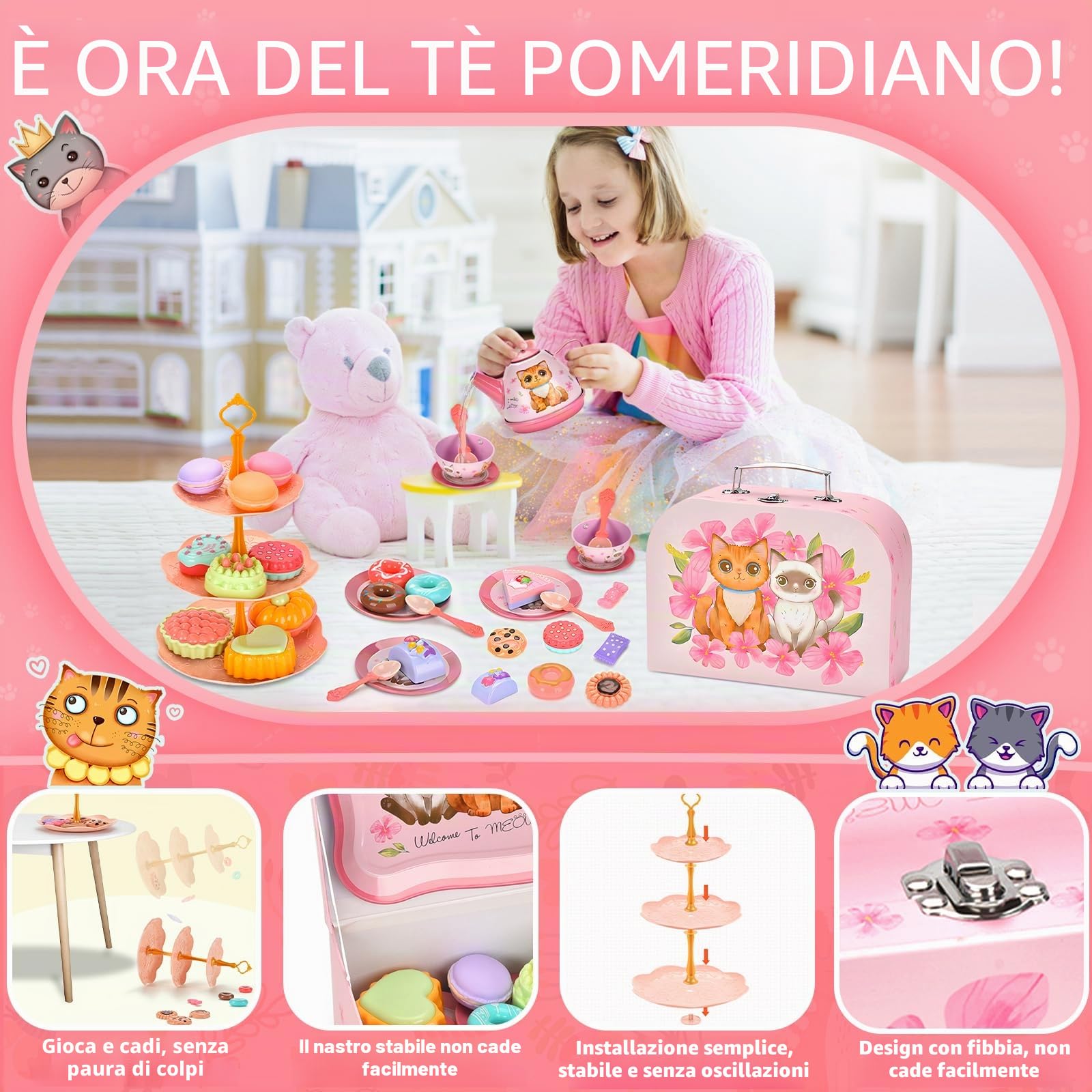 ZLPBAO Servizio da tè per bambini, 50 pezzi, set da tè per bambini, con valigetta per gattini, gioco di ruolo, giocattolo per piccoli servizi da tè con dessert, giochi di ruolo, regalo per ragazze 3
