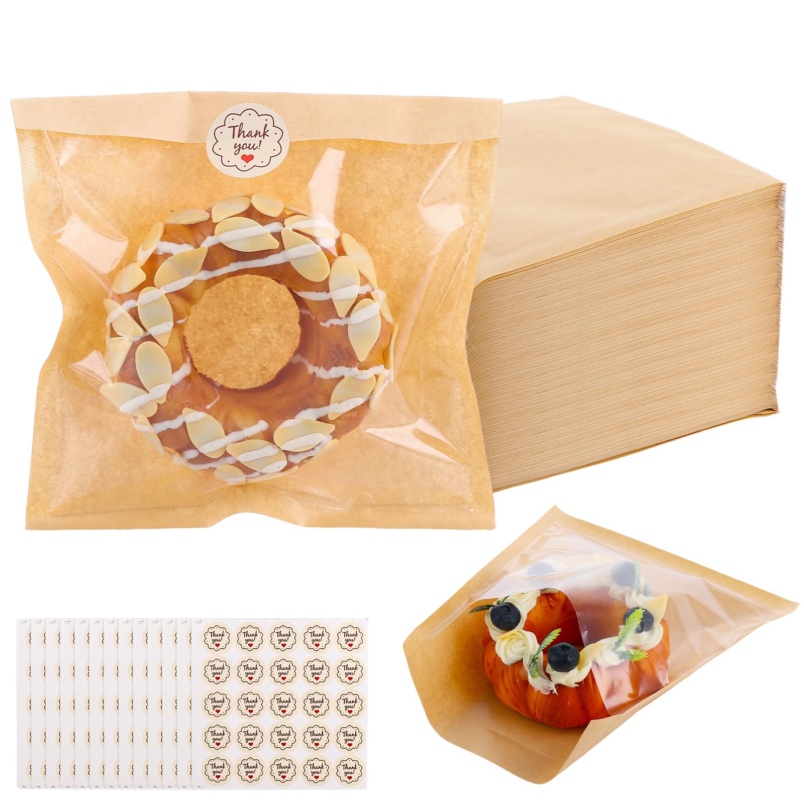 Aramanara 300 Pcs Kraft Paper Sandwich Bags, Heat Sealable Food Lunch Bags, 7.5x7 in Reusable Pastry Bakery Bag with Front Clear Cellophane Window and Sticker for Packaging Cookies Dessert(Brown)
