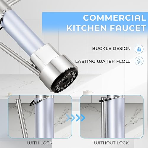 Miniatura 9 de FGKQ Grifos de cocina con rociador extraíble, grifo de cocina negro de una sola manija, grifo comercial de doble cabezal para fregadero de cocina,