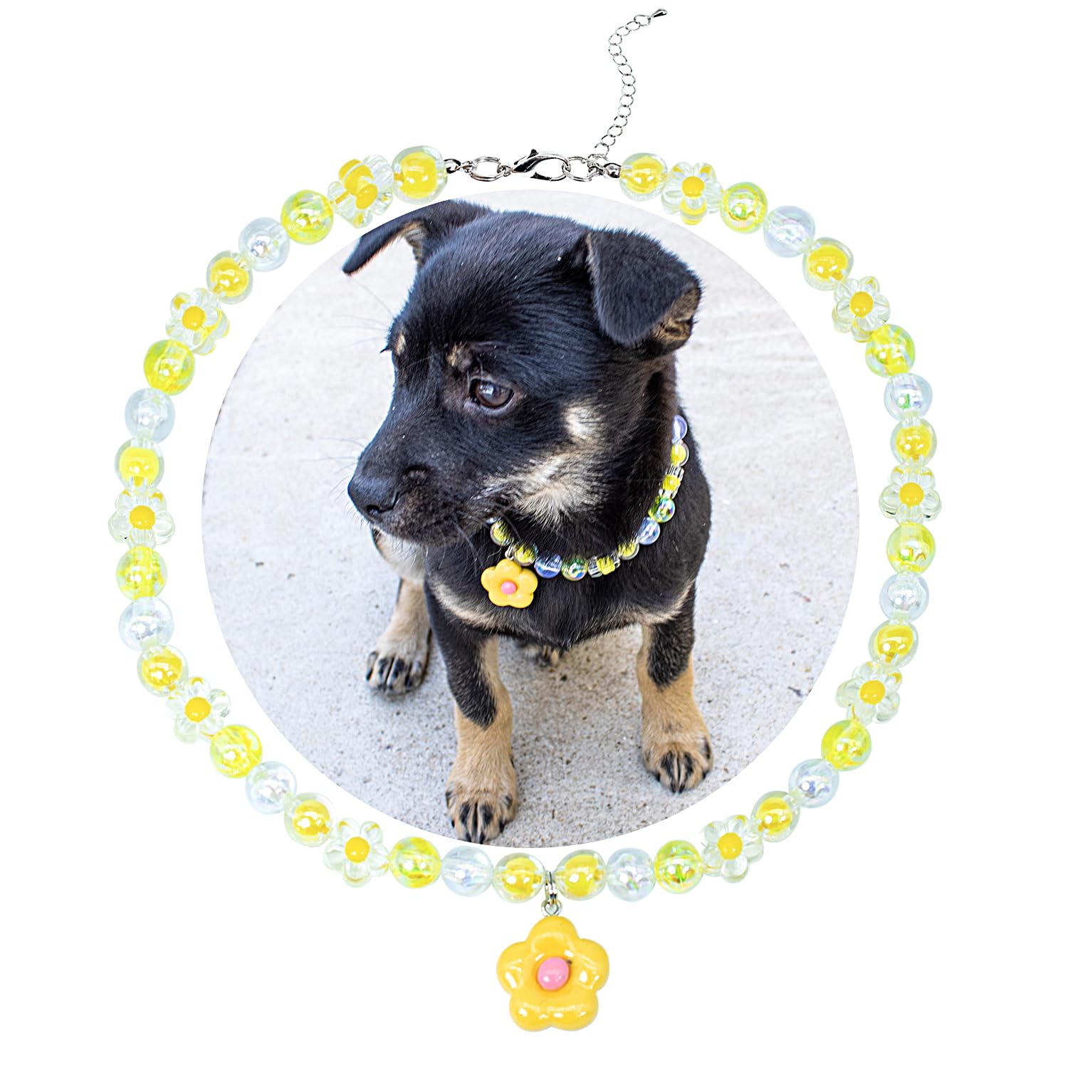 SM4BED Dog Cat Collar Pearl Necklace, Yellow Glossy Beads with Cute Flower Pendant, Adjustable Puppy Jewelry for Large Dogs, XL 17IN