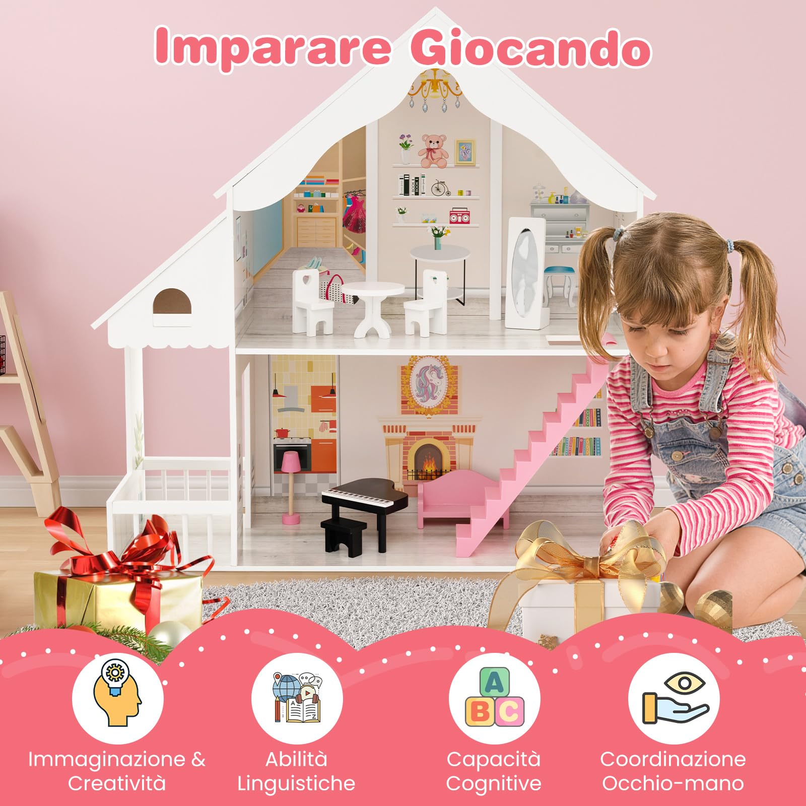 GYMAX Casa delle Bambole in Legno per Bambini, Villa a 2 Piani Semi-Aperta con Stanze e Set di Mobili, Portico e Lucernari, Ideale per Bambini dai 3 Anni +, 81 x 30 x 86 cm