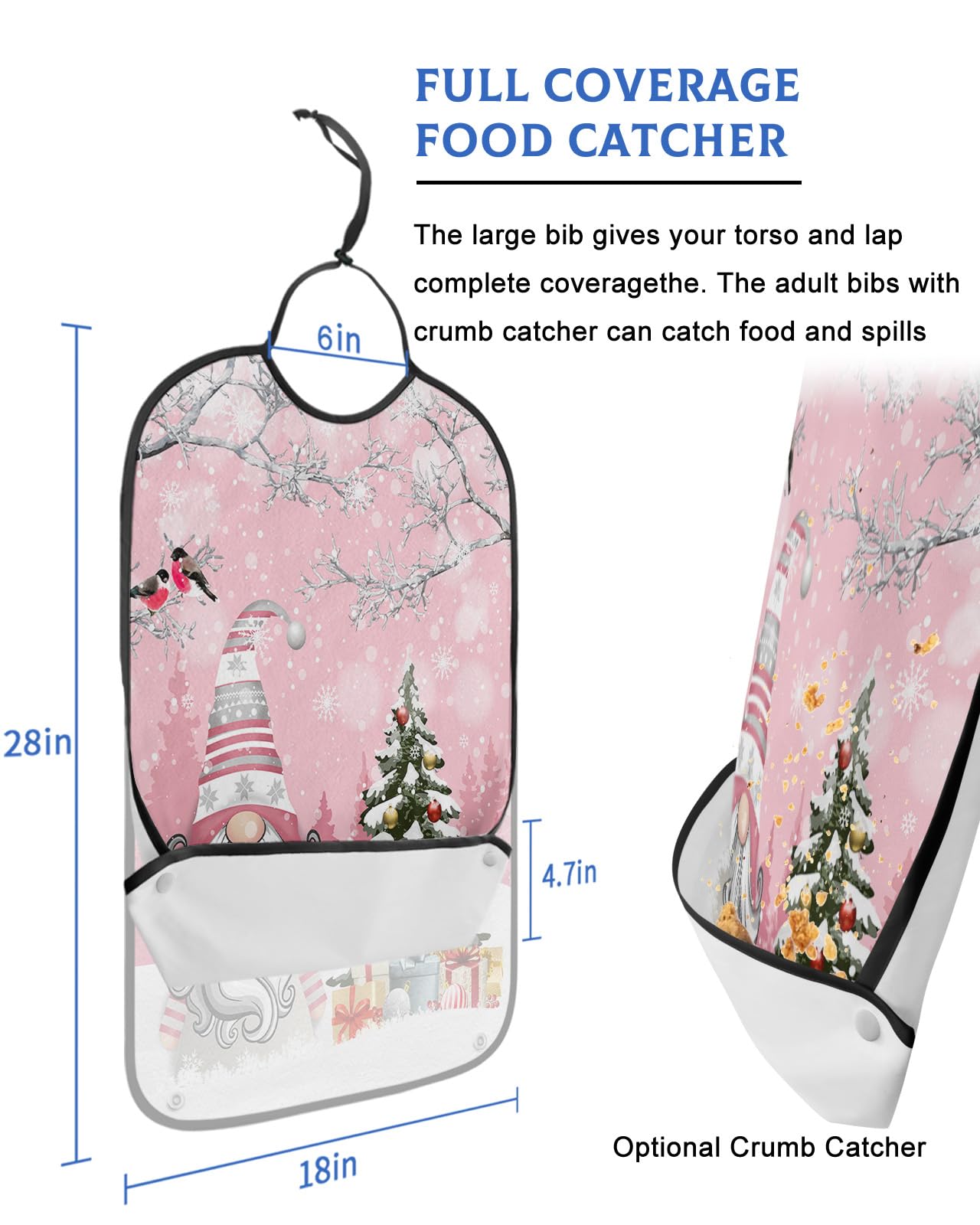 LEOKOTI Pink Gnomes Christmas Adult Bibs for Eating, Waterproof Bibs with Food Catcher & Adjustable Snap Closure, Xmas Tree Birds Winter Snowflake Washable Clothing Protectors Adult Bibs for Elderly
