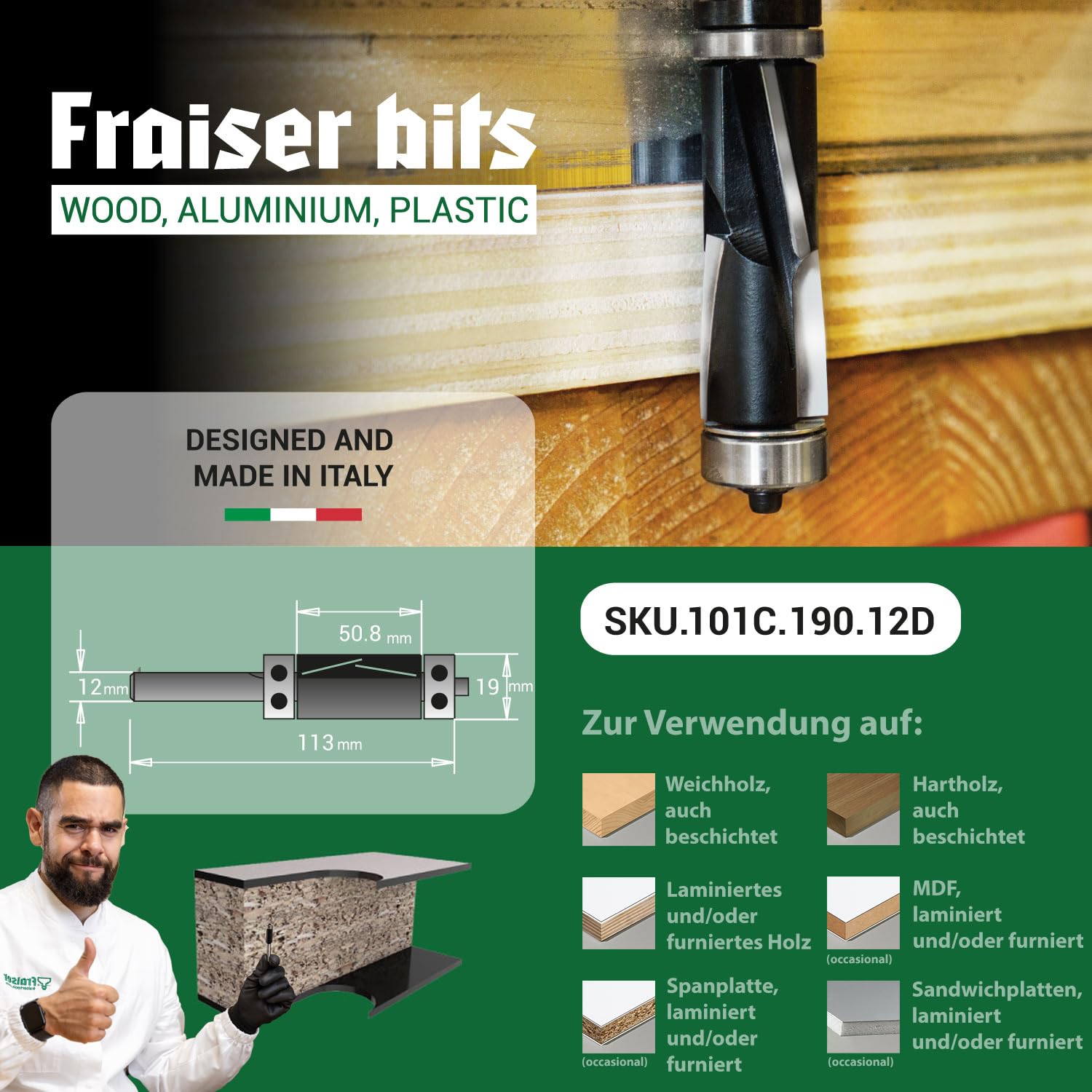 Fraiser Bündigfräser Besäumfräser mit 12 mm Oberlager für Holz, Derivate- und Laminatkanten für Handoberfräse und Oberfrästisch Up & Downcut