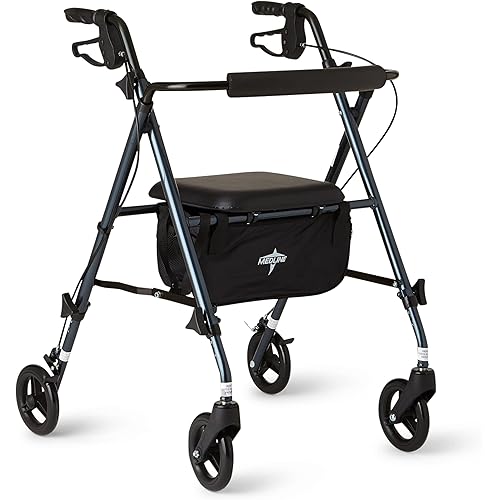 Medline Superlight Folding Aluminum Mobility Rollator Walker, Smoky Blue, 250 lb. Weight Capacity, 6" Wheels, Adjustable Arms and Seat, Foldable Rolling Walker for Seniors