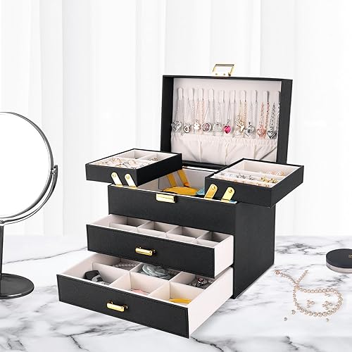 Miniatura 6 de Dajasan Cajas de joyería para mujeres y niñas, caja organizadora de joyas, 4 capas grandes de almacenamiento de joyas para aretes, anillos,