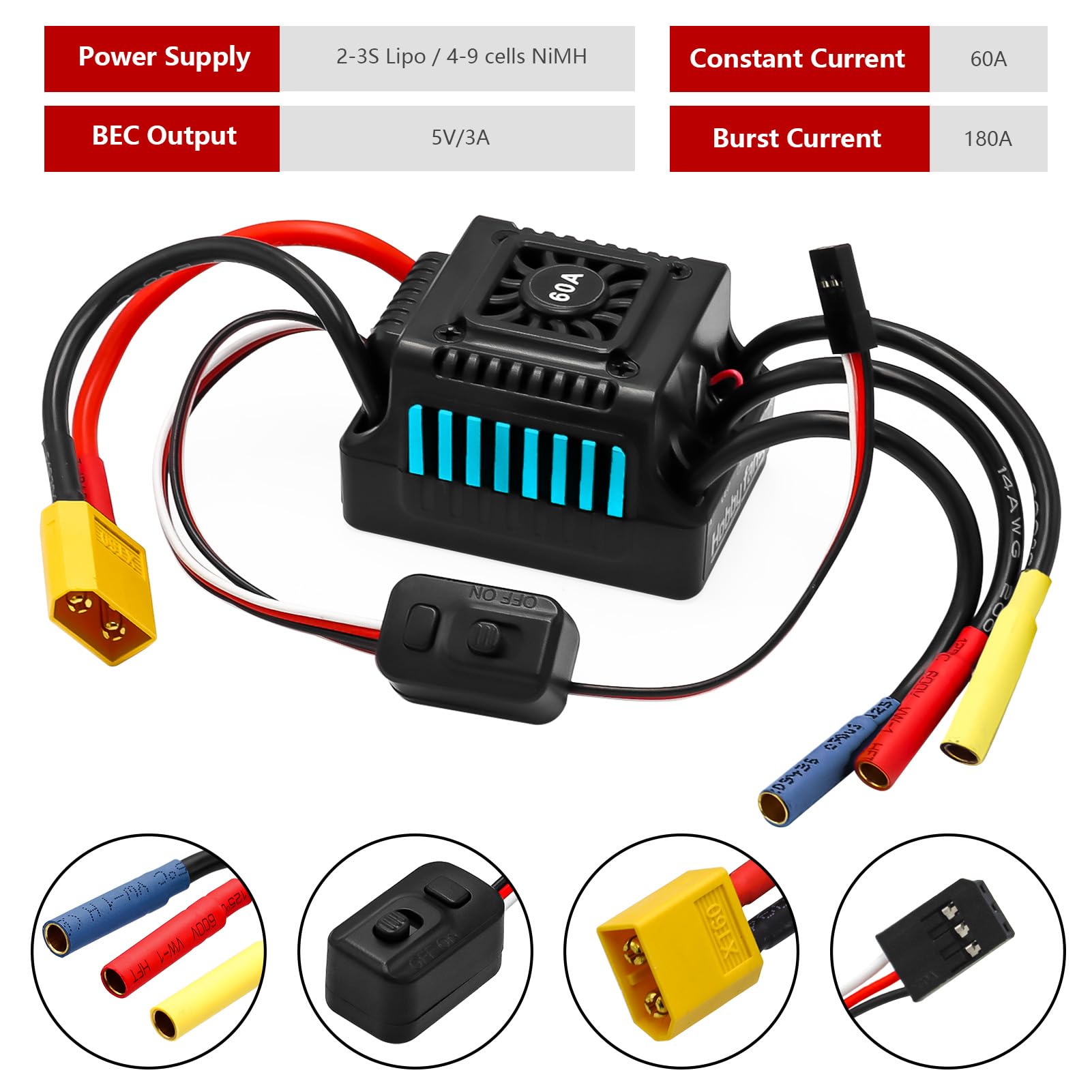 Controlador de velocidad electrónico ESC 2-3S sin escobillas de 60 A, impermeable, ESC para control remoto 1/10 de coche y camión (azul)