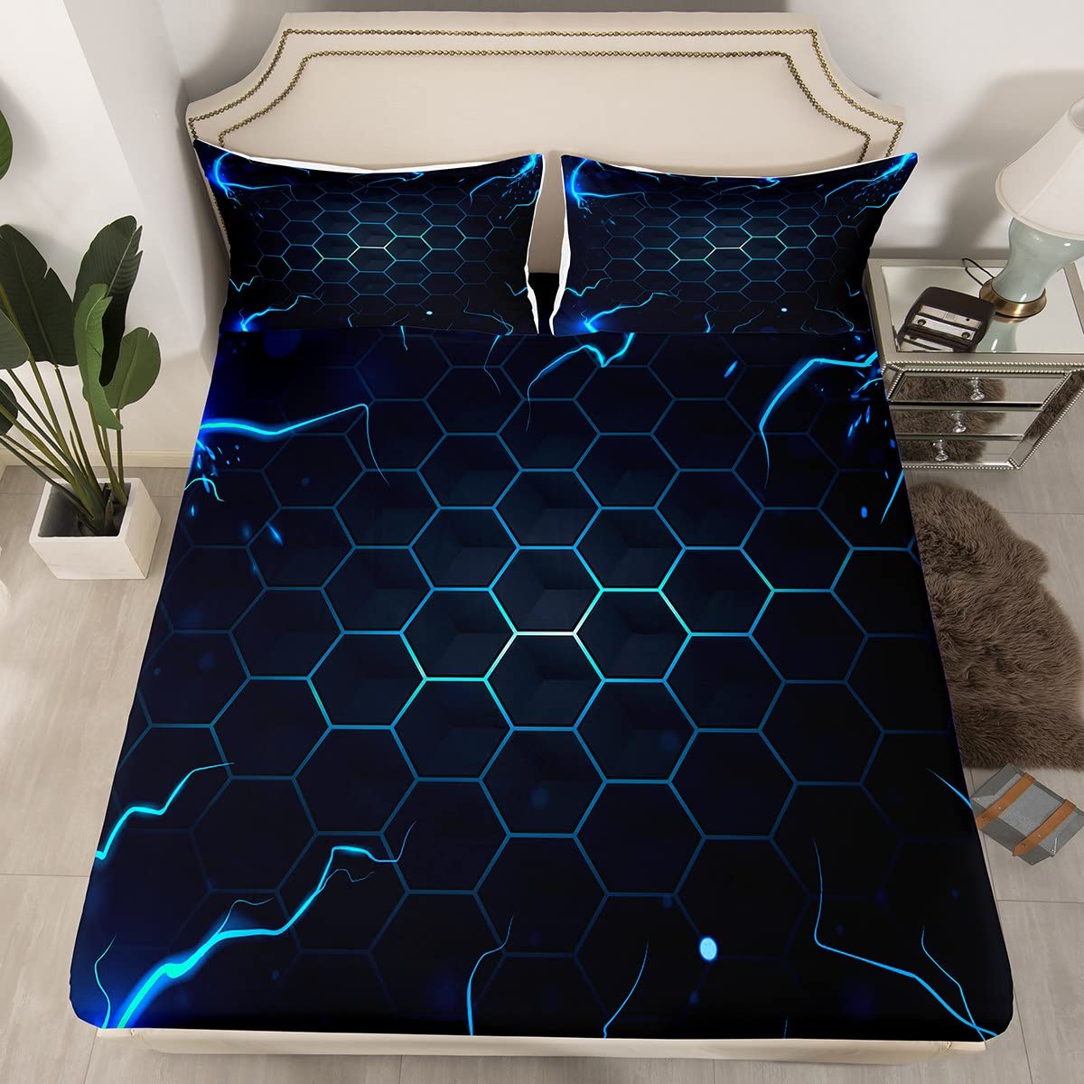 Parure de lit nid d'abeille double avec drap-housse géométrique pour enfant