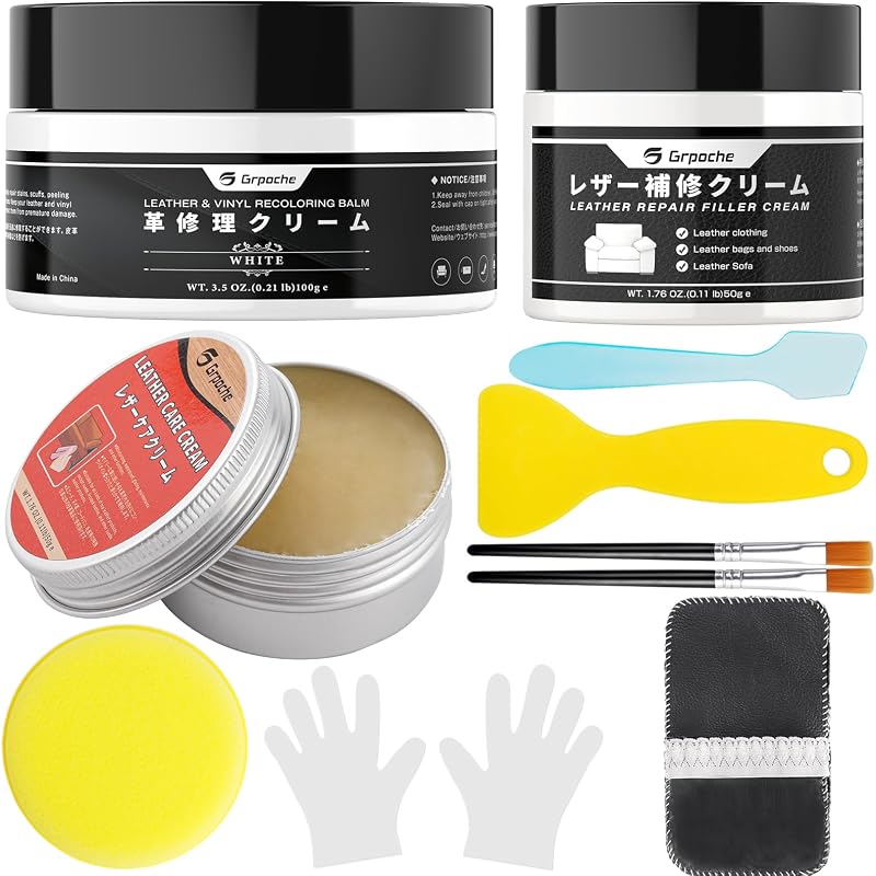 Kit de Reparo e Recoloração para Couro Branco Grpoche com Creme Reparador, Óleo de Visão e Acessórios