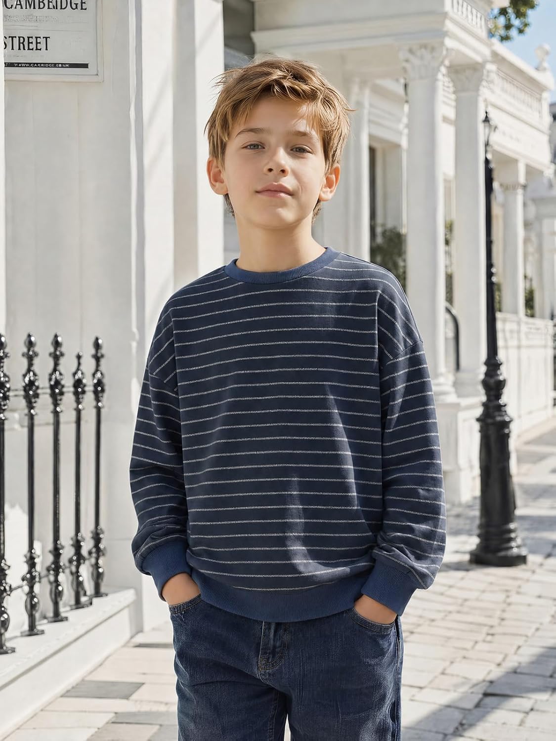 Haloumoning Boys Striped Crewneck Sweatshirt Kids Casual Pullover Top 5-14Y image 2