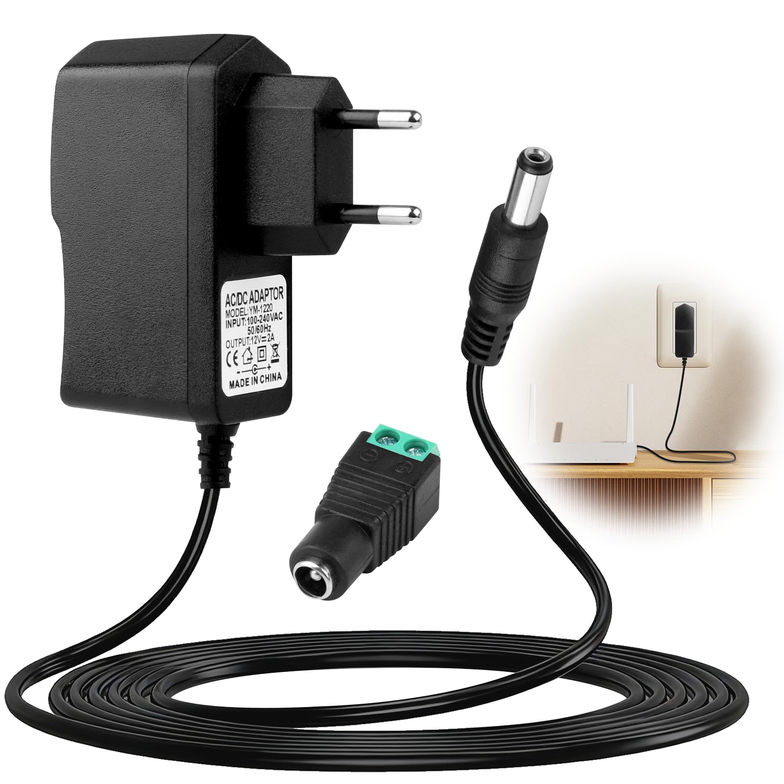 12V 2A LED Alimentador, Universal Transformador AC 100-240V 50/60Hz Fuente de Alimentación, Adaptador Enchufe EU Cargador 5,5 x 2,1 mm con Conector DC para Tiras LED, Cámaras CCTV, TV Box, Routers — view 7