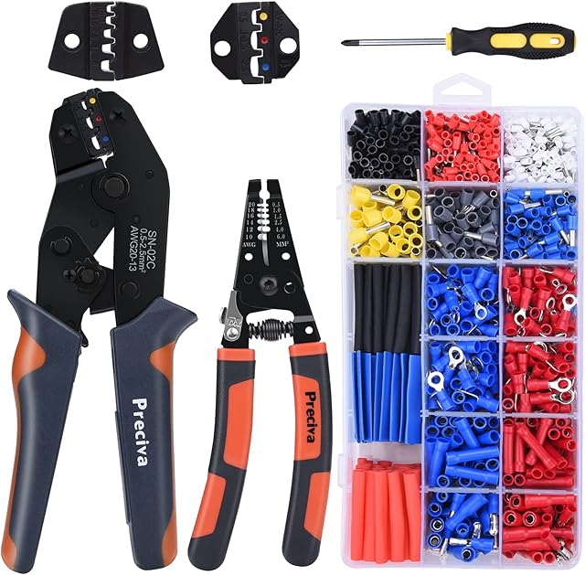 Preciva 4-in-1 Crimping Tool Kit, 0.5-6mm² Ferrule Crimper Plier, 0.5-2.5mm² Ratcheting Wire Terminal Crimping Tool,1380 Wire Crimp Connectors, 90 Heat Shrink Tubing and Wire Stripper (1380Pcs)