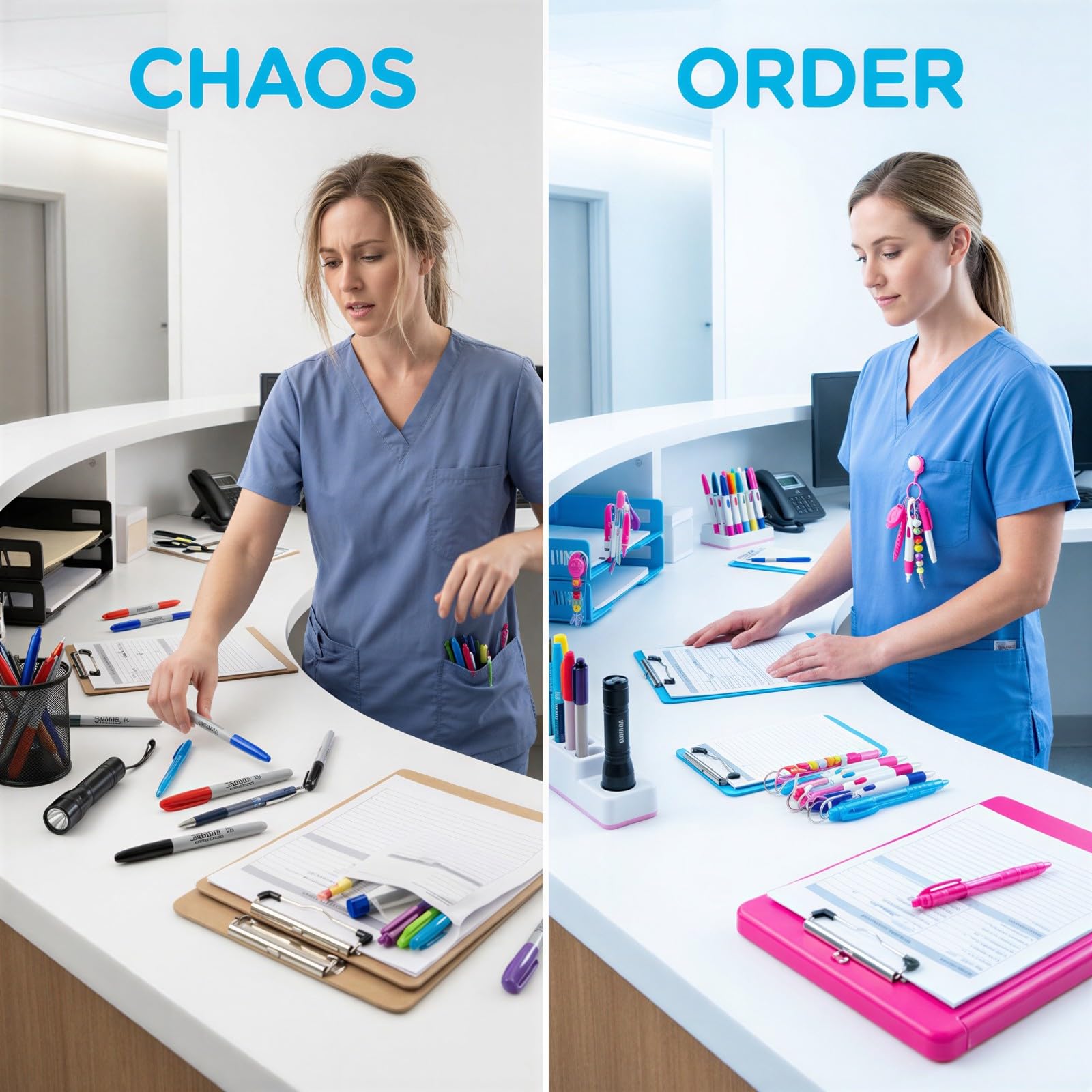 Stylo badge pour infirmières, lot de 3, stylo bille rétractable avec clip porte-clés, marqueur permanent, mini lampe LED, décor perles cœur, cadeau pour étudiants infirmiers, 3 couleurs