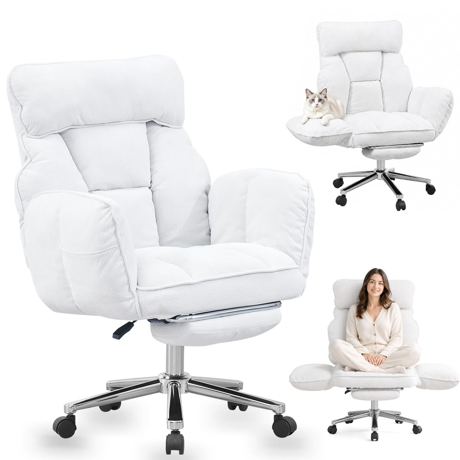Office Chair with Footrest, Wide Seat for Cross-Legged Sitting (White)
