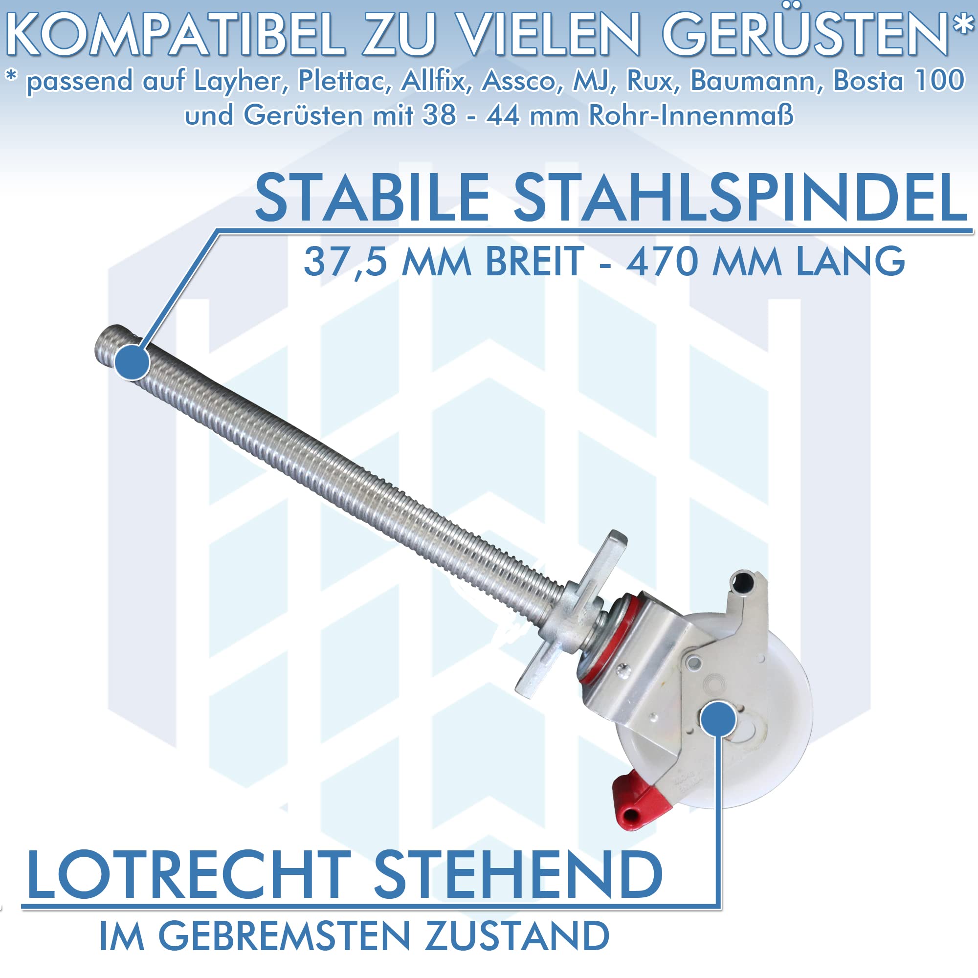 4 Stück Gerüstrollen 150 mm Nylon LAYHER*-kompatibel mit Stahlspindel, doppelt gebremst, lotrecht stehend, passend zu LAYHER*-Gerüsten und anderen Herstellern