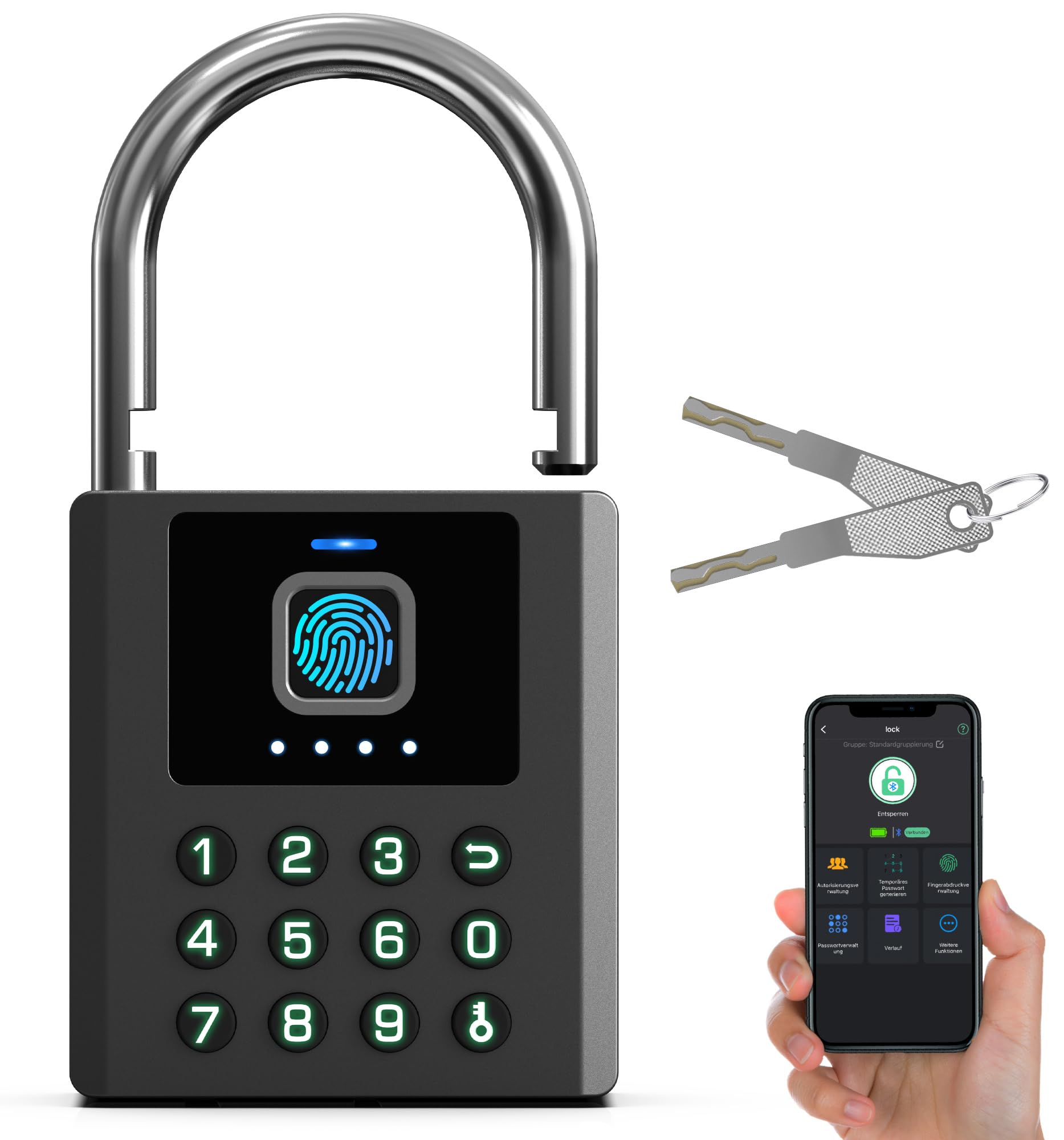 Smartes Fingerabdruck-Vorhängeschloss mit App & PIN-Code | 5-in-1 Öffnung mit Fingerabdruck, PIN, App, Apple Watch & Schlüssel. IP67 wetterfest, USB-C Akku für Garage, Garten & Spind.