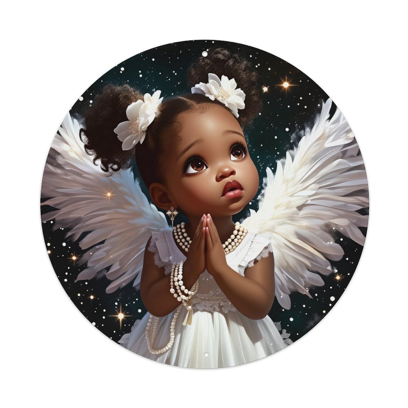 Angel Wings Starry Sky Pearl Necklace Round Tin Sign Vintage Metal Poster, Home Bar Garage Man Cave Cafe Indoor & Outdoor Wall Decoration 8x8Inches