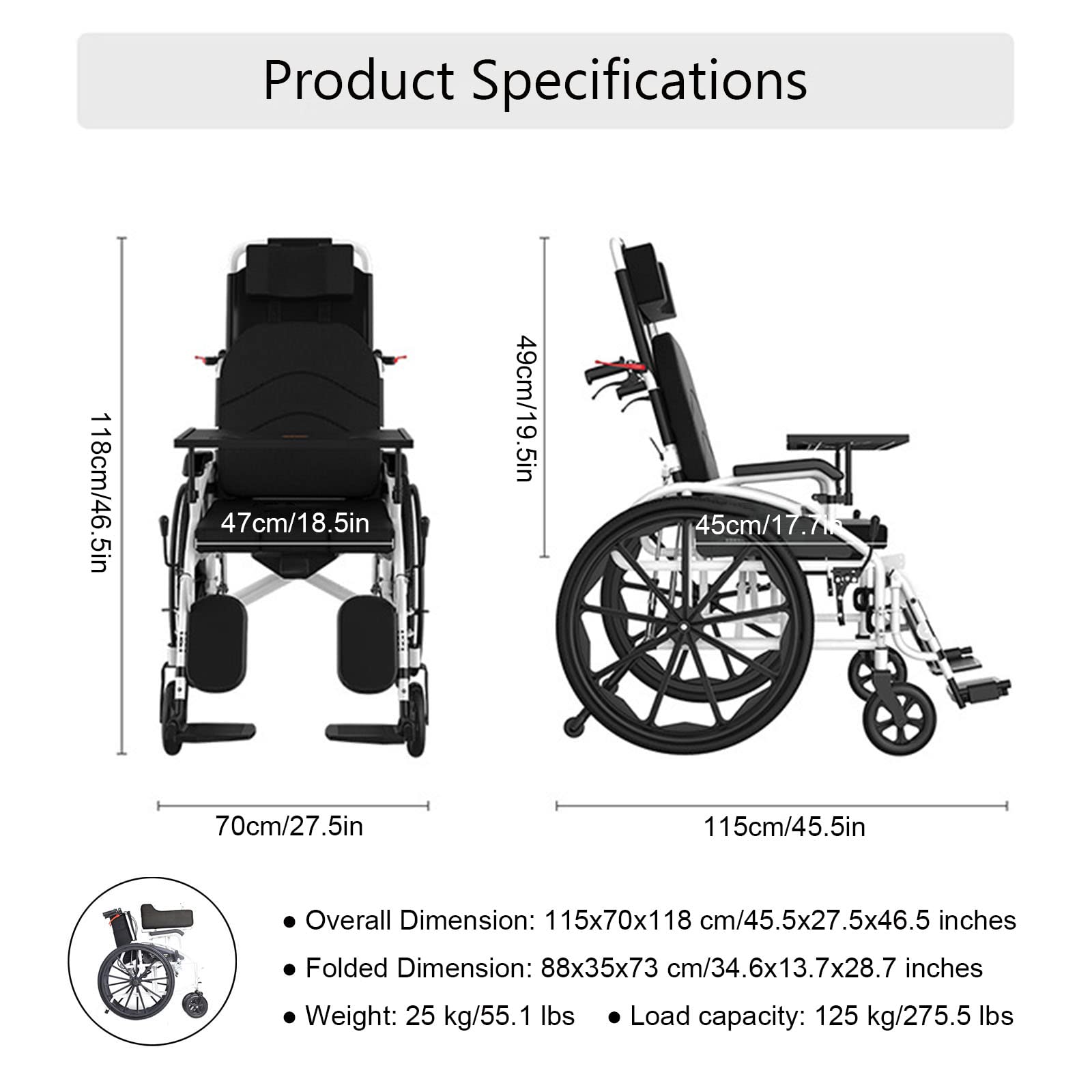 Silla de Ruedas Plegable Ligera, Sillas de Ruedas Plegables Ligeras para Mayores y minusválidos, Silla de Ruedas Estrecha para casa, Ortopedia, Acero, Negro