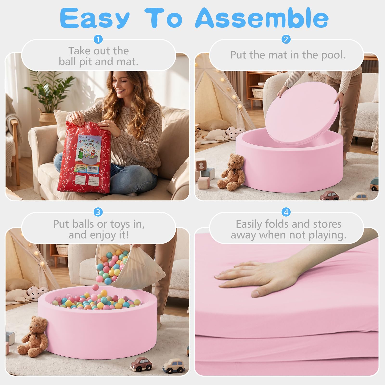 SHJADE Piscina de bolas de espuma de 47.2 x 13.8 pulgadas, pozos de bolas grandes para niños pequeños, piscina redonda suave para niños, regalo ideal para juegos en interiores y exteriores, rosa