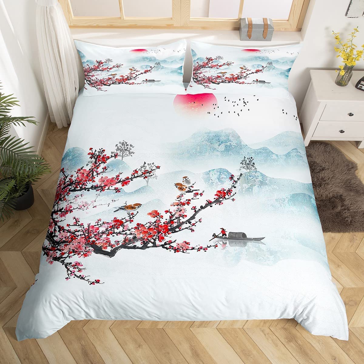 Homewish Cherry Blossoms Bedding Set For Adult Women Girls Chinese Style Landscape Painting Duvet Cover Red Floral Print Comforter Cover Brids Decor Bedding Collections With 2 Pillowcase Super King โ image 1