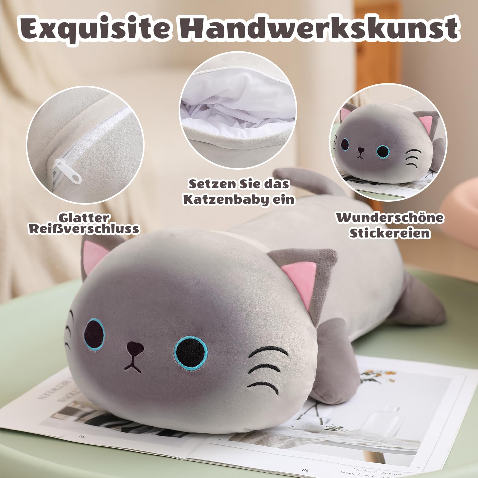 SQEQE Peluche a forma di gatto siamese con 4 bambini, simpatico peluche | Mamma gatto con 4 interni, set per la famiglia, materiale morbido, regalo unico per bambini e ragazze