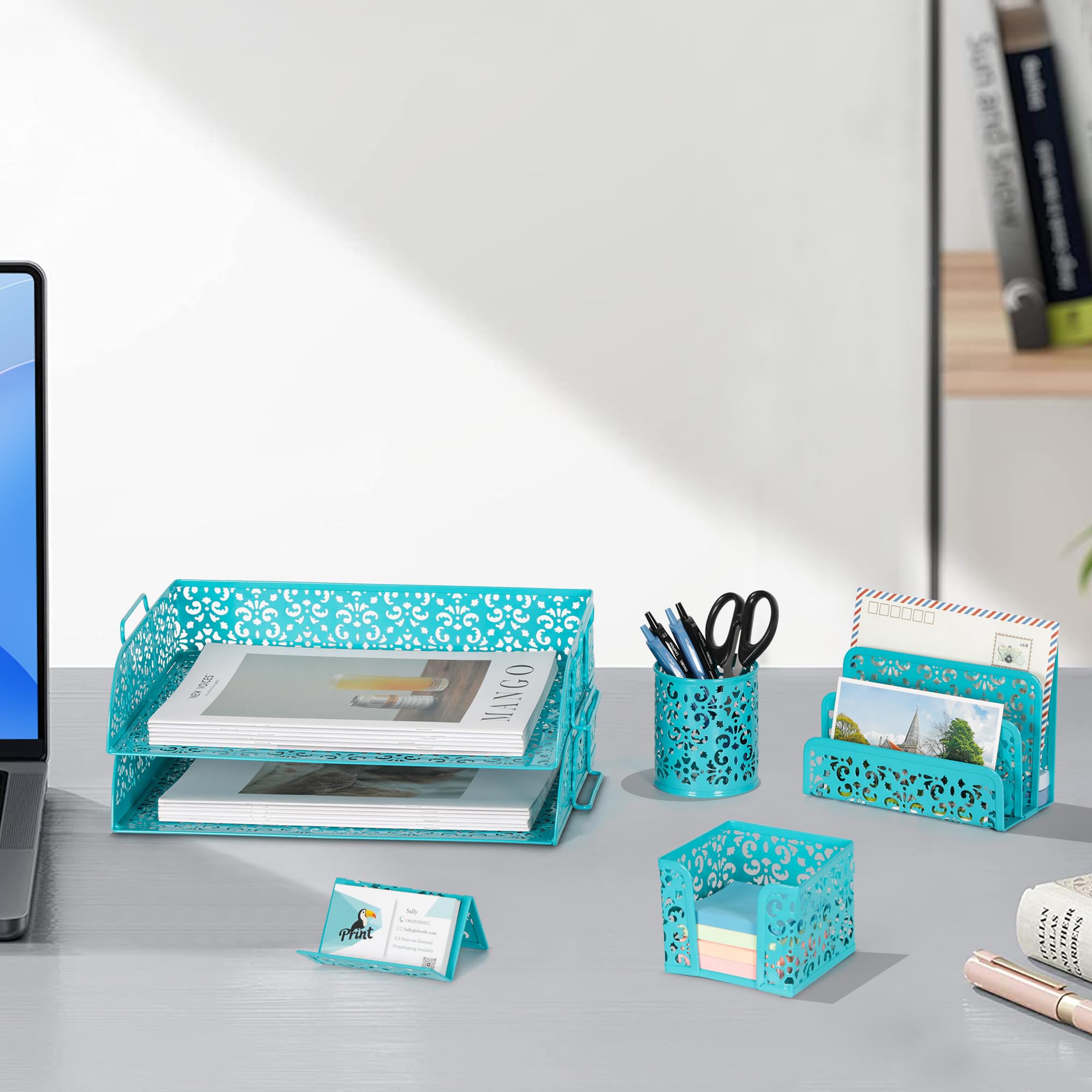 Easypag 5 in 1 organizer da scrivania set – 2 ripiani impilabili Desk Letter Tray, Letter Sorter, portapenne, porta biglietti da visita e stick note Holder Dark Teal
