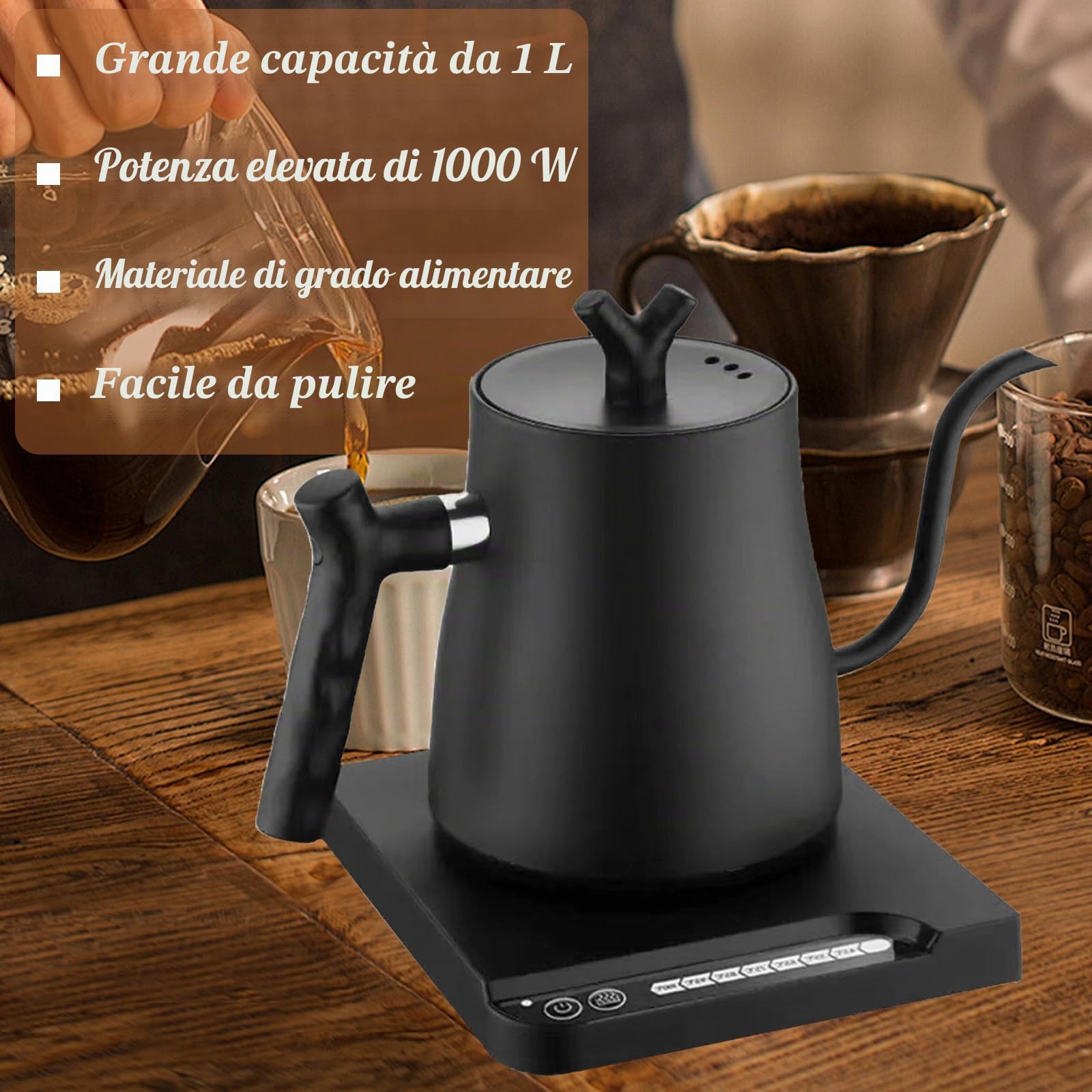 Bollitore Elettrico a Collo di Cigno 1 L,1000 W Bollitore intelligente a Collo di Cigno con Controllo a 7 Temperature&Funzione Mantenimento Caldo,Riscaldamento Rapido per la Preparazione di Tèe Caffè
