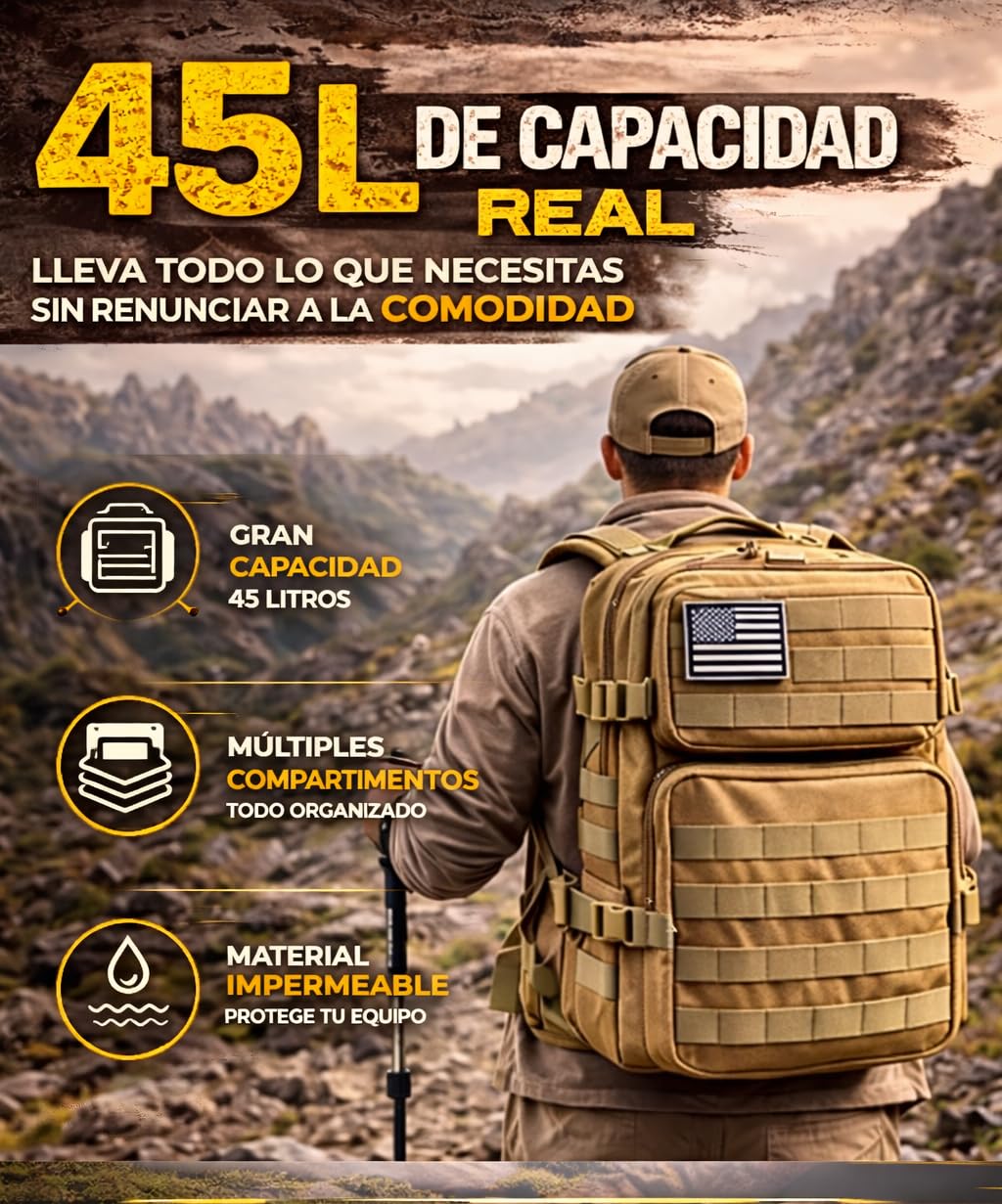 Mochila Táctica 45L Militar - Impermeable, Gran Capacidad, Deportiva - Para Crossfit, Gimnasio, Supervivencia, Senderismo, Montaña, Caza, Viajes, Trekking (Verde)