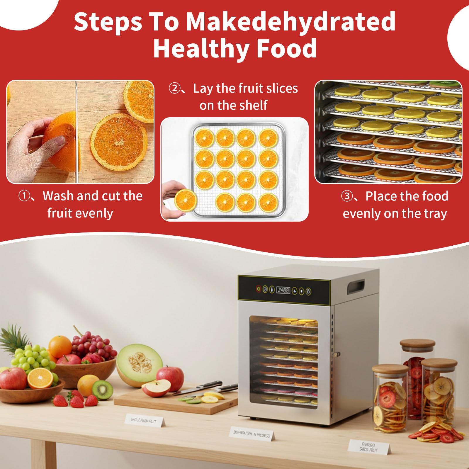 Essiccatore per Alimenti, Vassoi Impilabili in Acciaio Inox da 12/18 con Timer Digitale Regolabile E Controllo della Temperatura, Conservatore Elettrico per Frutta, Carne 800W18Trays