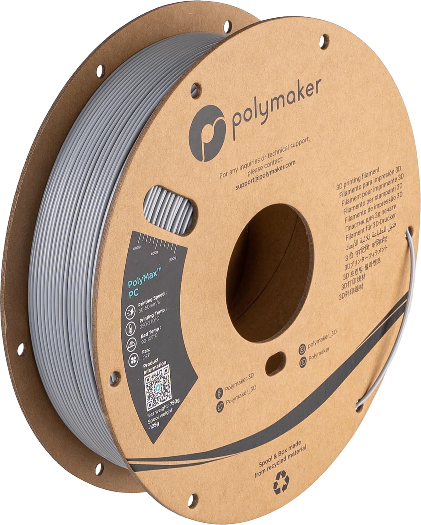 Polymaker Polymax Tough PC Filament 1.75mm, Grey Polycarbonate Filament 1.75mm 0.75kg Cardboard Spool - 3D Printer Polycarbonate PC Filament, Tough & High Heat Resistant Grey PC Filament