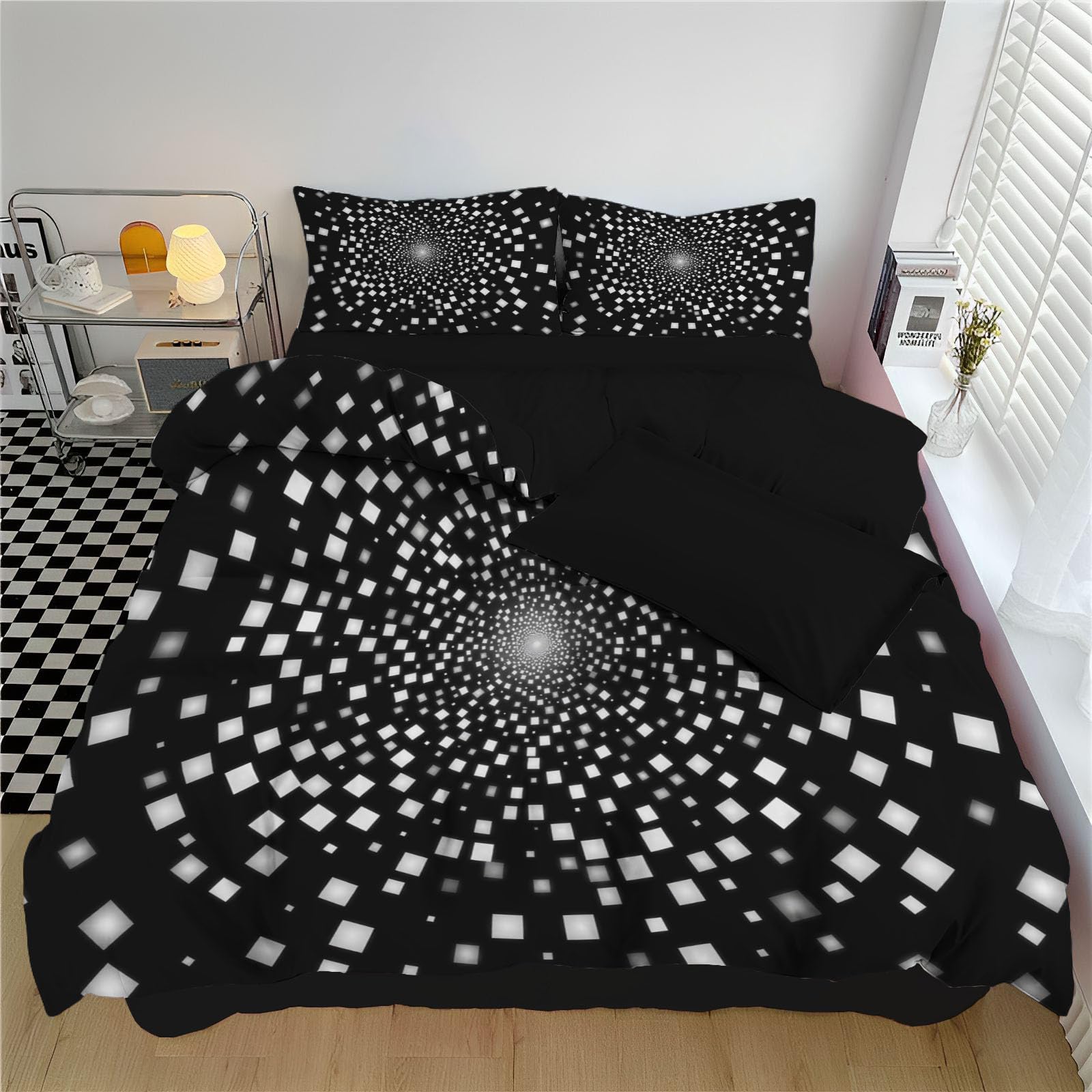 Housse de Couette Cubes Noirs et Blancs 220x240cm avec 2 Taies 65x65 cm