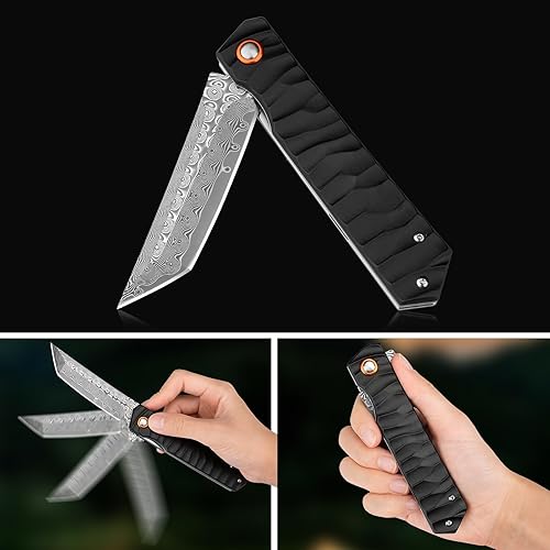Miniatura 6 de KOMWERO Cuchillo plegable para hombres, cuchillo de bolsillo de Damasco con mango antideslizante de aluminio, cuchillo EDC para regalo de camping