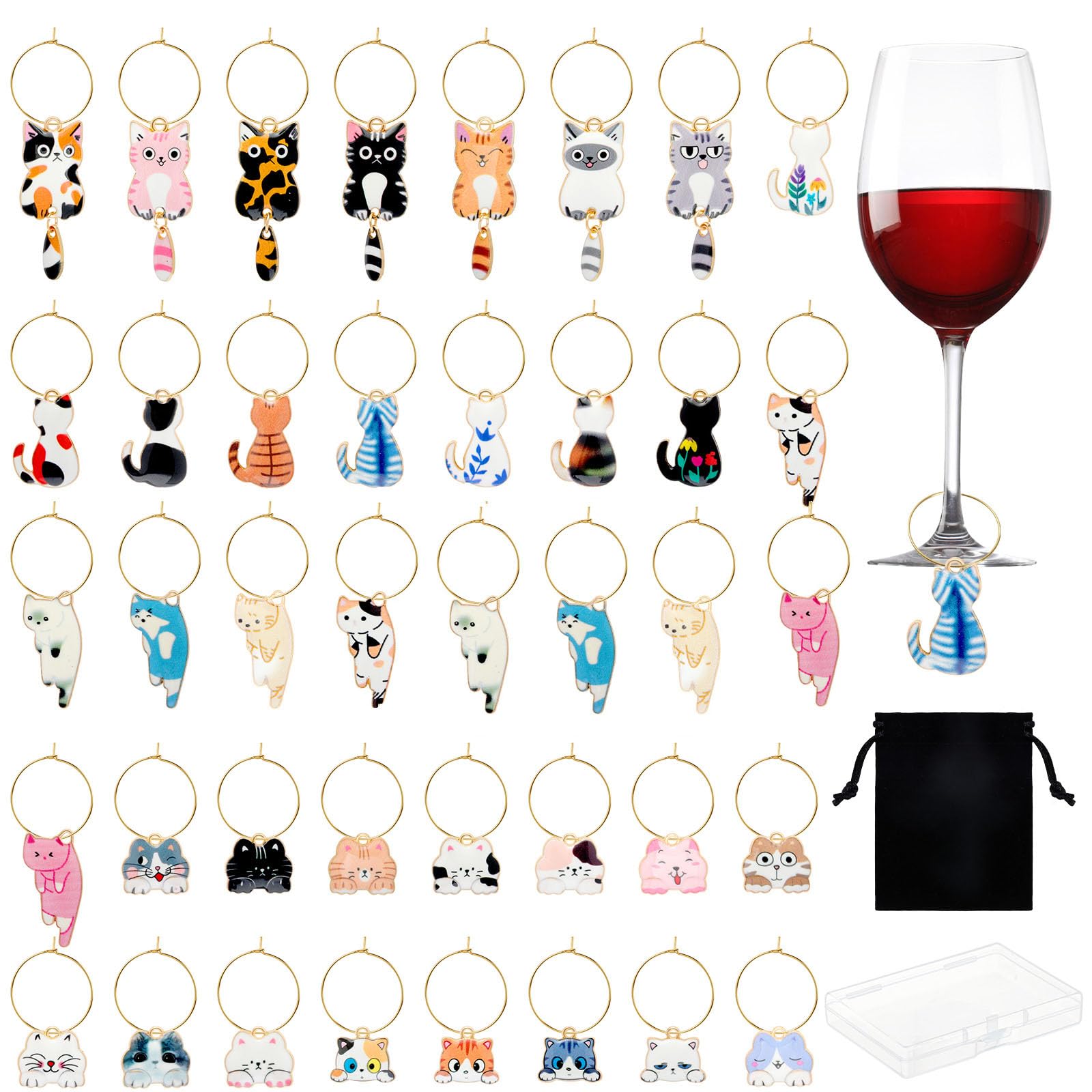 Megitzuu 40PCS Enamel Cat Wine Glass Charms ...