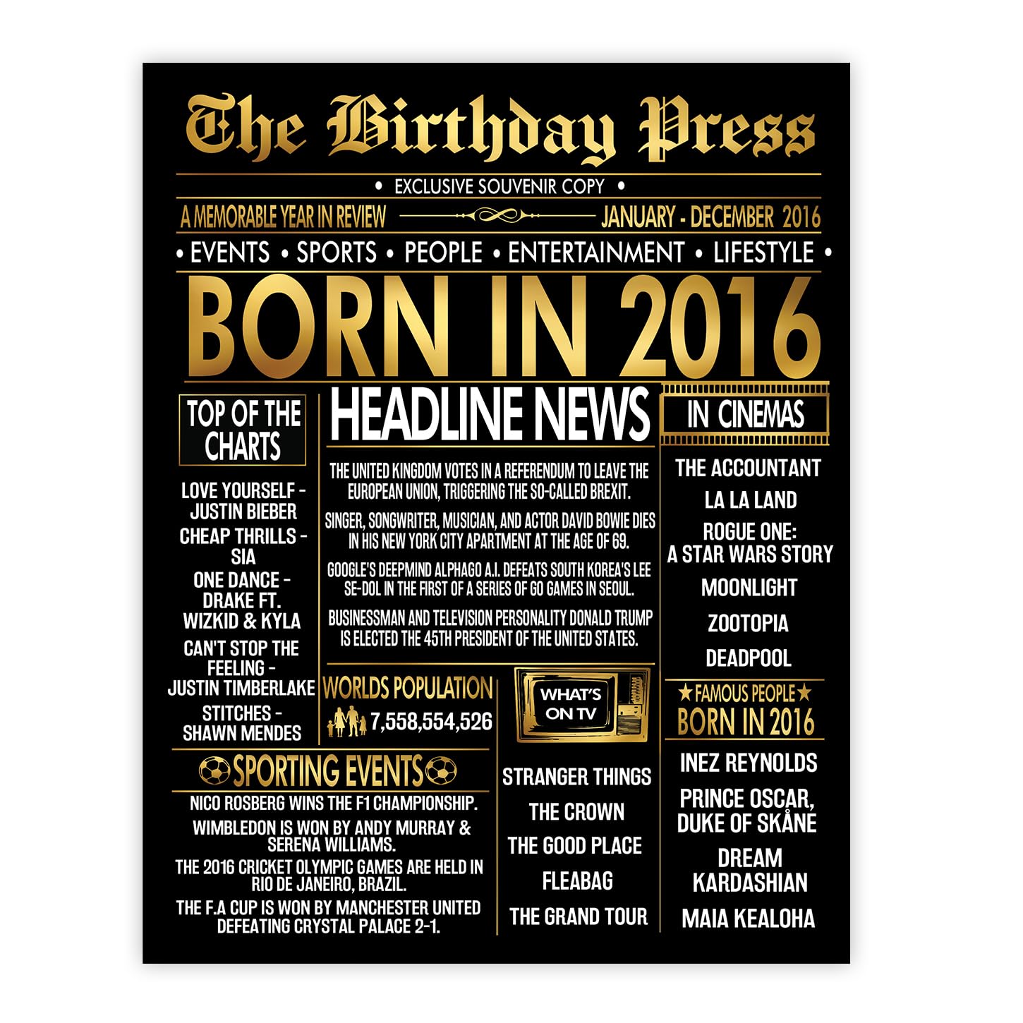 Stuff4 Gold 10th Birthday Poster Unframed, Golden Born In 2016 Newspaper