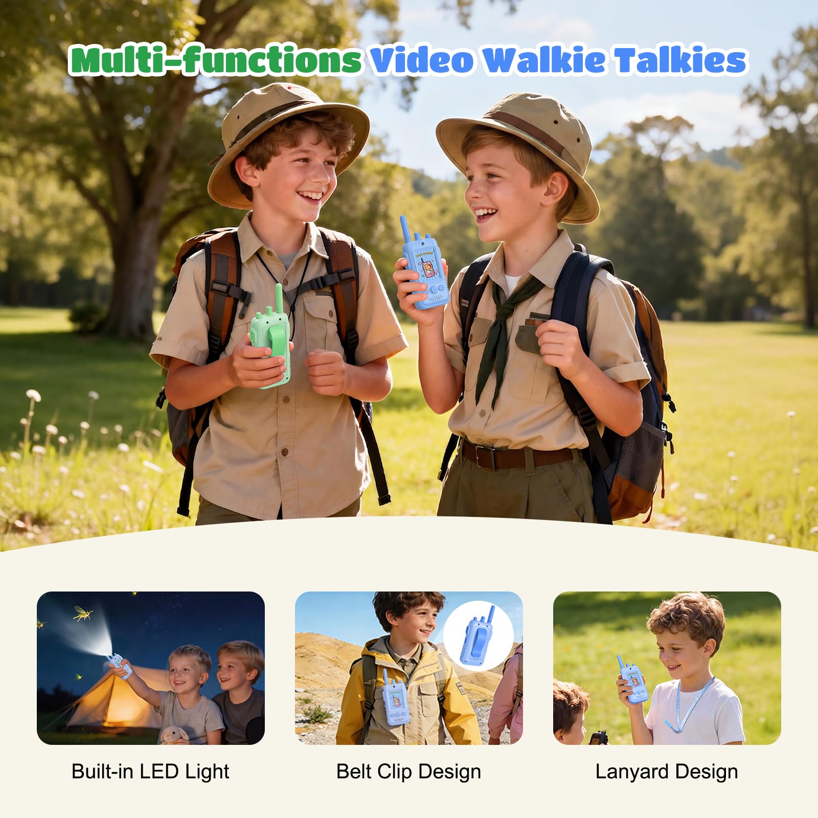 Video Walkie Talkie Kinder, 2er Set Walky Talky Kinder Aufladbar mit Kamera, Funkgerät Kinder mit Gürtelclip & Taschenlampe, Geschenkideen Jungen Geschenk für 3 4 5 6 7 8 Jahre