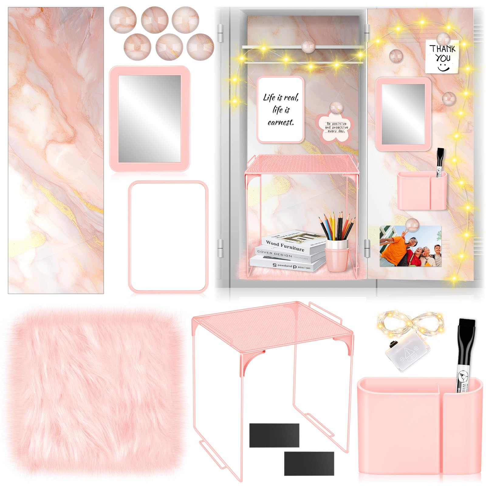 Gosodeny Pink Gold Marble Locker Organizer Kit+Locker Magnetic Wallpaper (Pink Gold Marble)