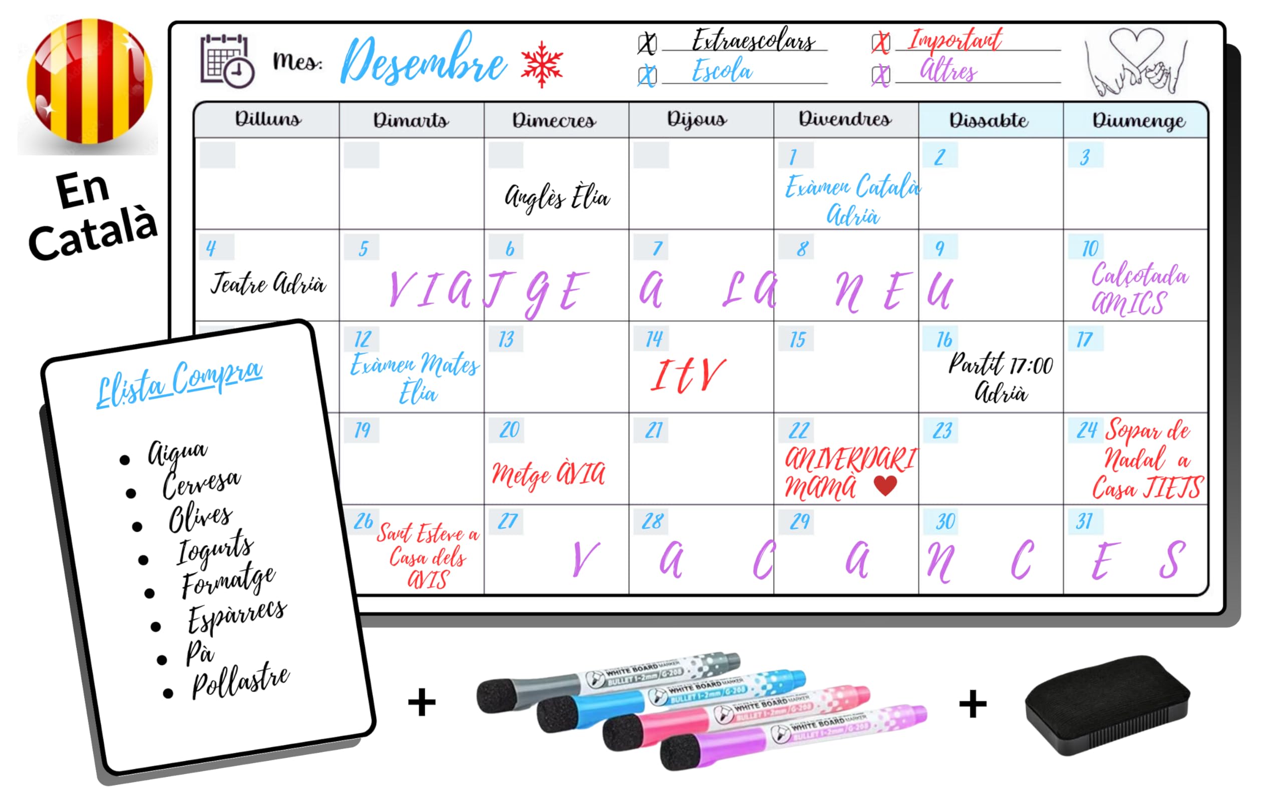 Genérico Catalan Magnetic Calendar for Fridge, Weekly Planner, Menu Planner, Shopping List - Image 2