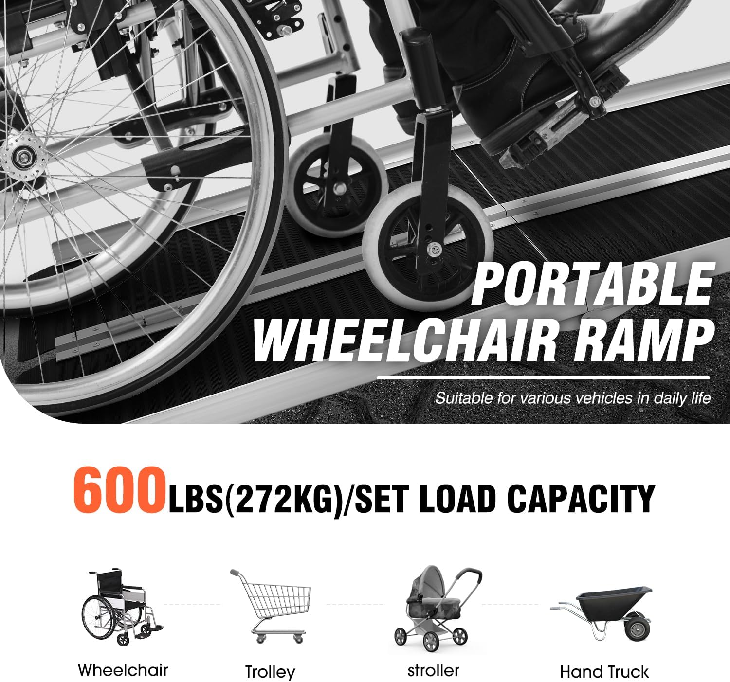 DNA Motoring 6FT Portable Non-Slip Wheelchair ramp, 600lbs Capacity Aluminium Versatile Loading Ramp, Non-Skid Ramps Telescopic Ramps for Home, Steps, Stairs, TOOLS-00615