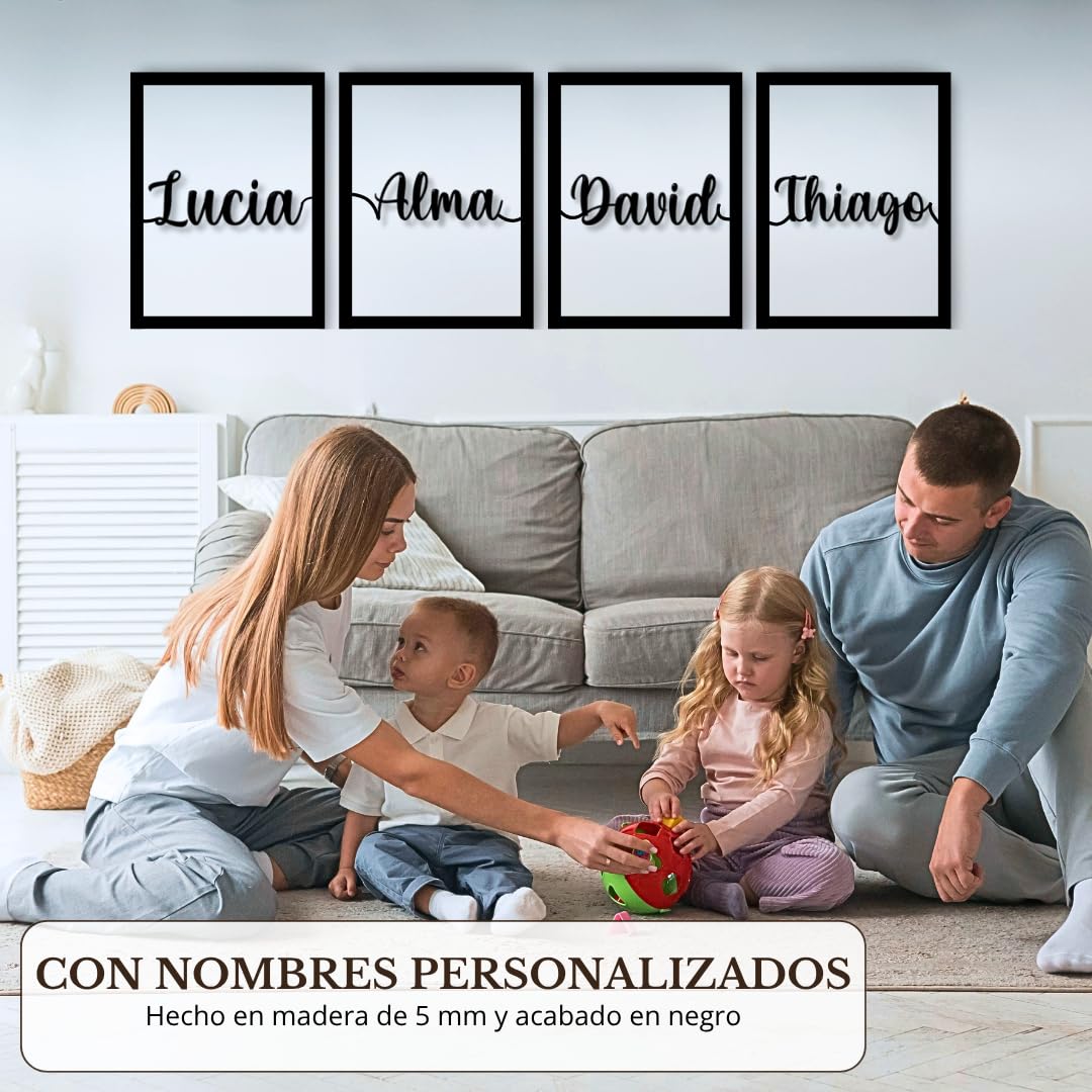 Cuadros Decorativos Personalizados con Nombres | 4 Paneles de Madera 40x30 cm | Decoración para Pared de Dormitorio, Salón o Habitación | Regalo de Pareja para Bodas y Aniversarios (4 o más Nombres)