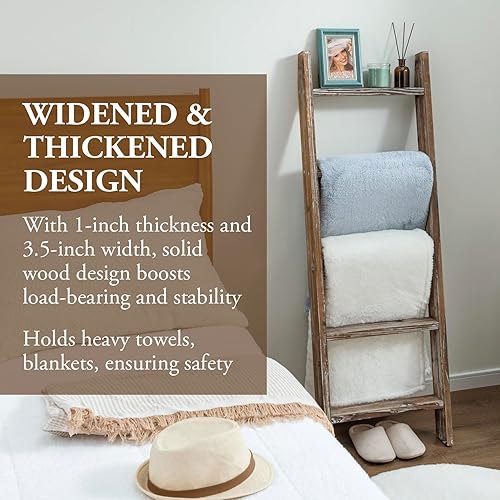 Miniatura 7 de MyGift Escalera grande de madera encalada para manta, estilo granja, toallero inclinado de pared con 5 peldaños (blanco vintage)