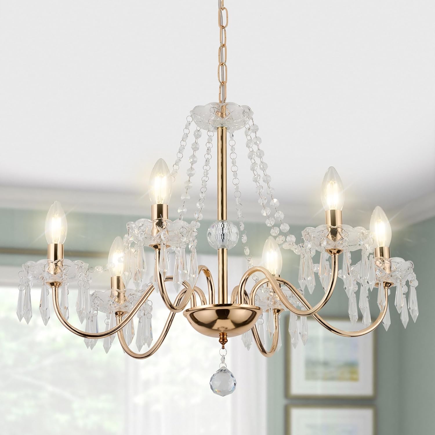 Crystal Chandelier,Gold Pendant Lighting for Living Room 6 Hanging Ceiling Fixture for Wedding,Kitchen,Dining,Foyer,H 18.5" x W 21.3"