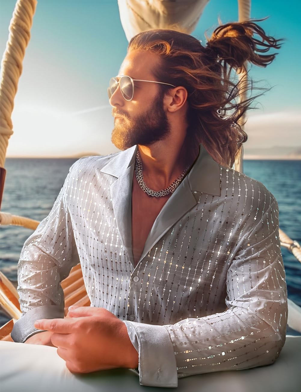 Mens Mesh Sequins See Through 70s Disco Long Sleeve Button Down Shirts - Image 3