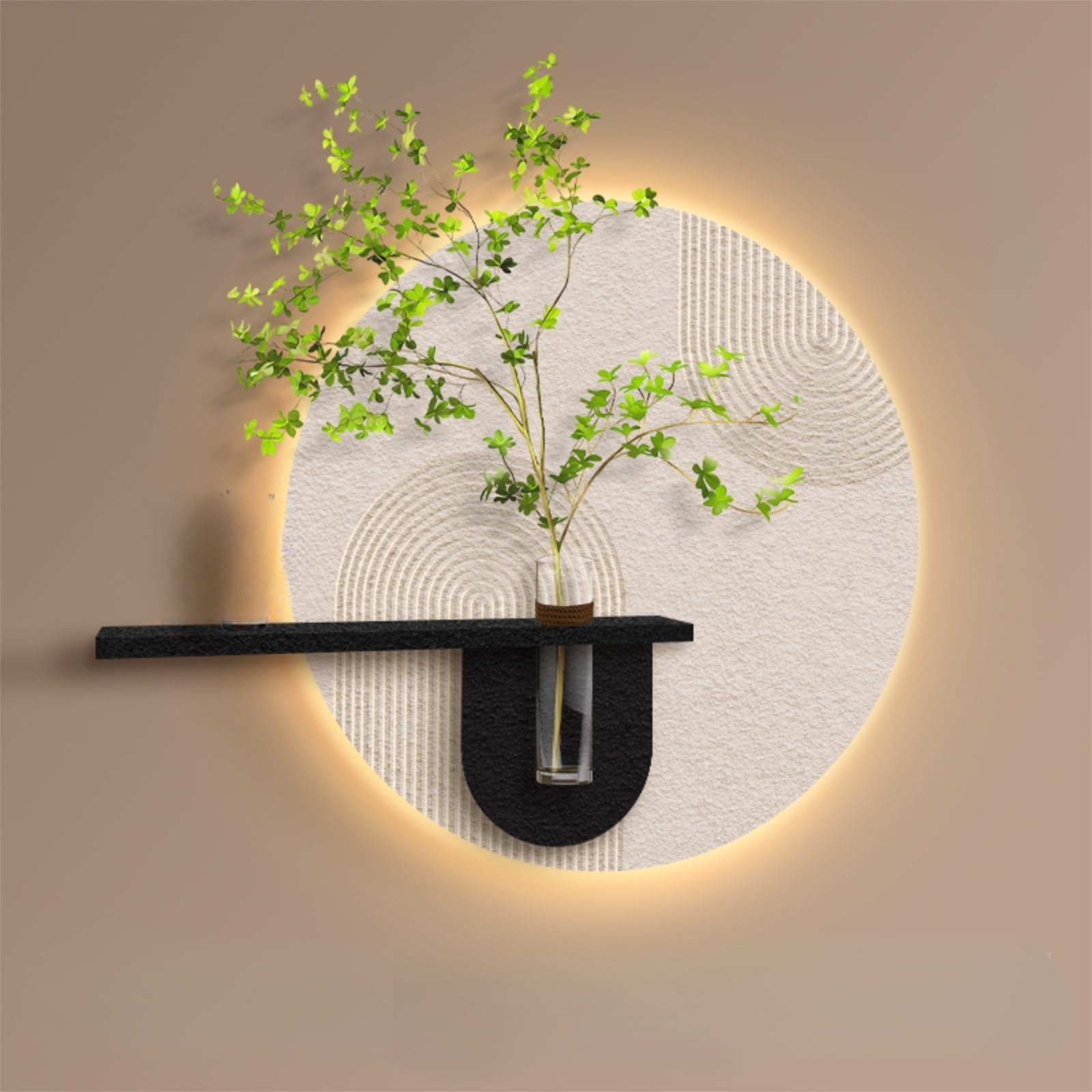 Decorazione Murale 3D con Luce LED, Scultura da Parete in Effetto Arenaria | Texture Arenaria, Luce LED 3D, Arredamento Soggiorno, Vaso Idroponico Integrato(D,27.56*27.56IN_REMOTE CONTROL)
