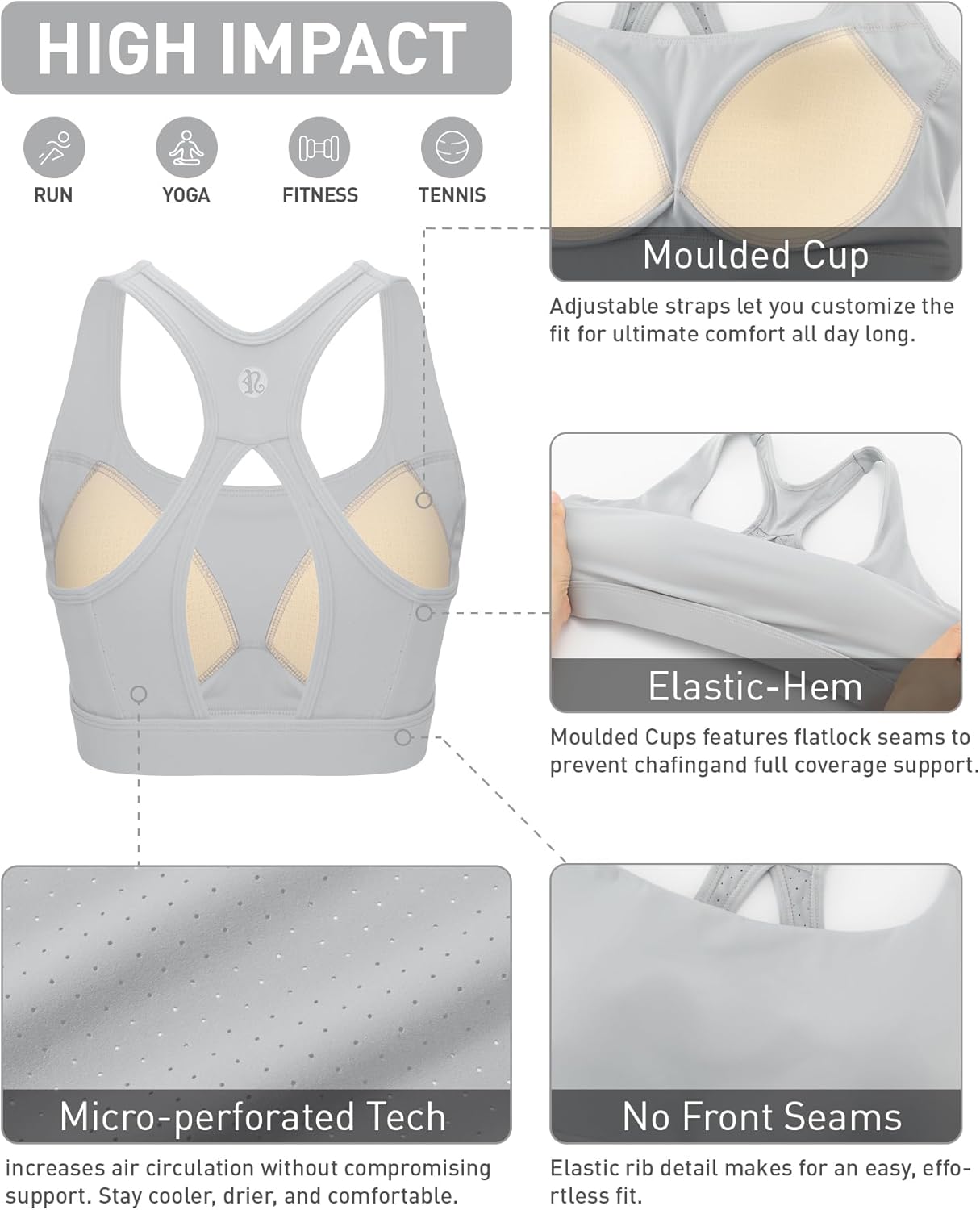 RUNNING GIRL High Impact Sports Bras for Women, High Support Micro Perforated Mesh Sports Bra with Sewn in Pads - Image 6